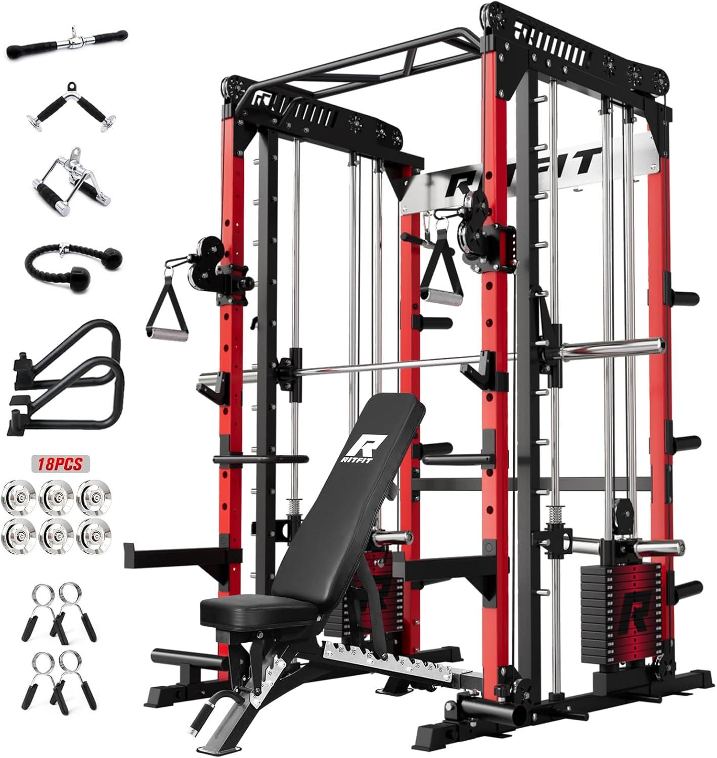 imageRitFit M1 Pro Smith Machine Package AllinOne Power Cage with Weight Stack Set Includes LAT Pulldown amp Cable Crossover System for Home GymeRed
