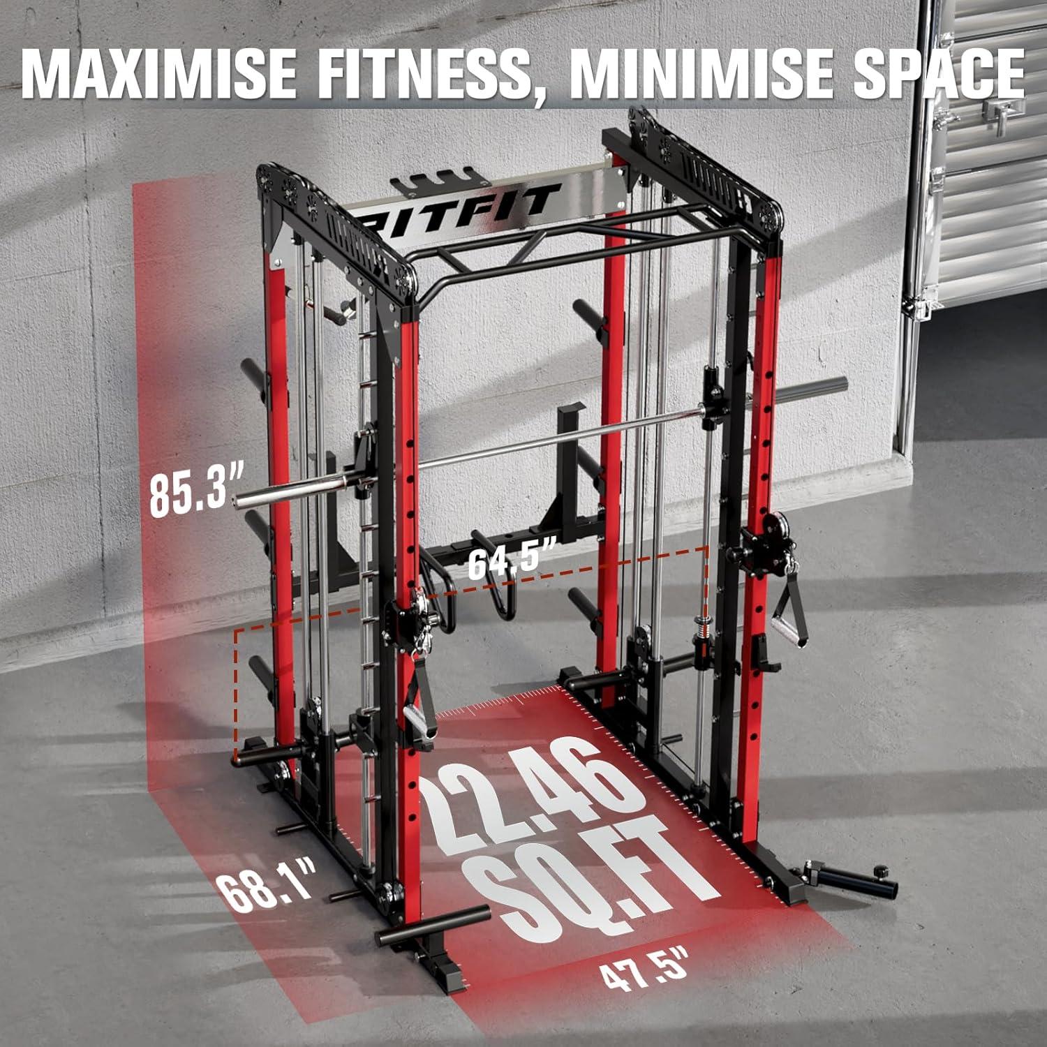 imageRitFit M1 Pro Smith Machine Package AllinOne Power Cage with Weight Stack Set Includes LAT Pulldown amp Cable Crossover System for Home GymeRed