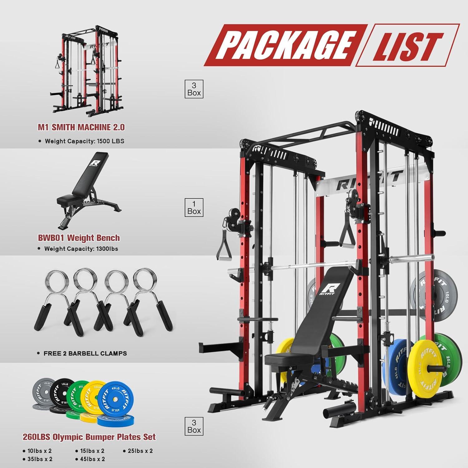 imageRitFit M1 Pro Smith Machine Package AllinOne Power Cage with Weight Stack Set Includes LAT Pulldown amp Cable Crossover System for Home GymeRed