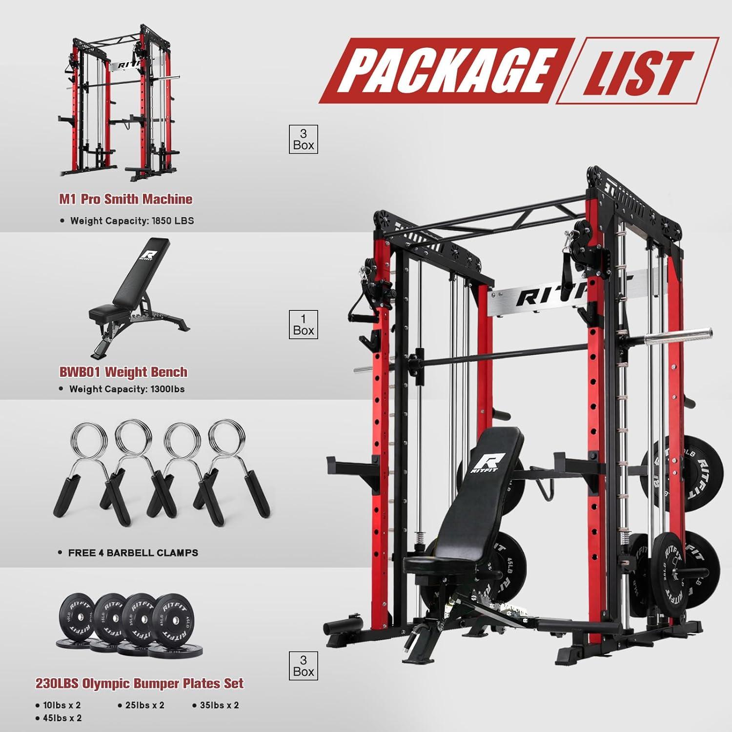 imageRitFit M1 Pro Smith Machine Package AllinOne Power Cage with Weight Stack Set Includes LAT Pulldown amp Cable Crossover System for Home GymeRed