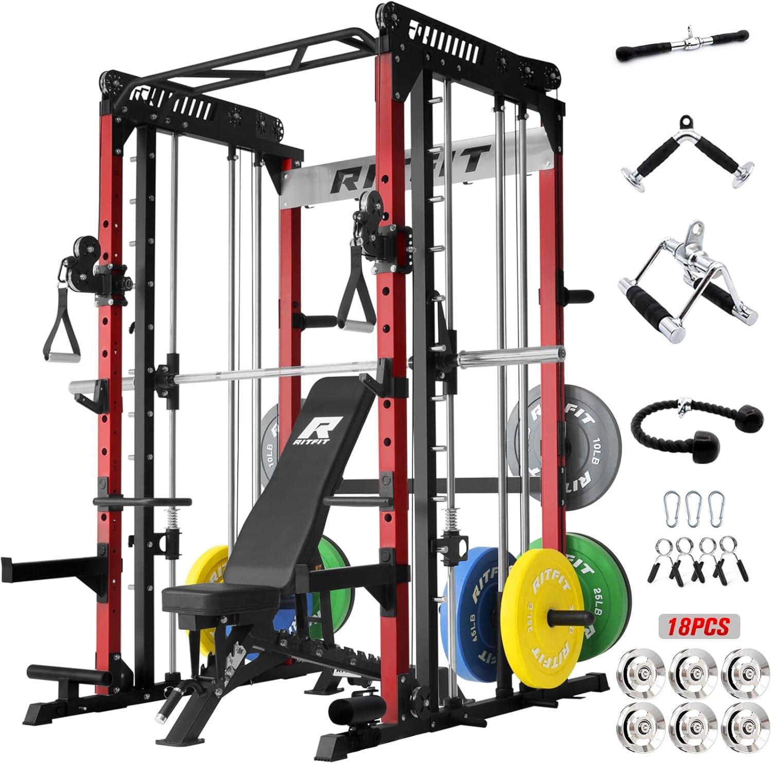 imageRitFit M1 Pro Smith Machine Package AllinOne Power Cage with Weight Stack Set Includes LAT Pulldown amp Cable Crossover System for Home GymeRed