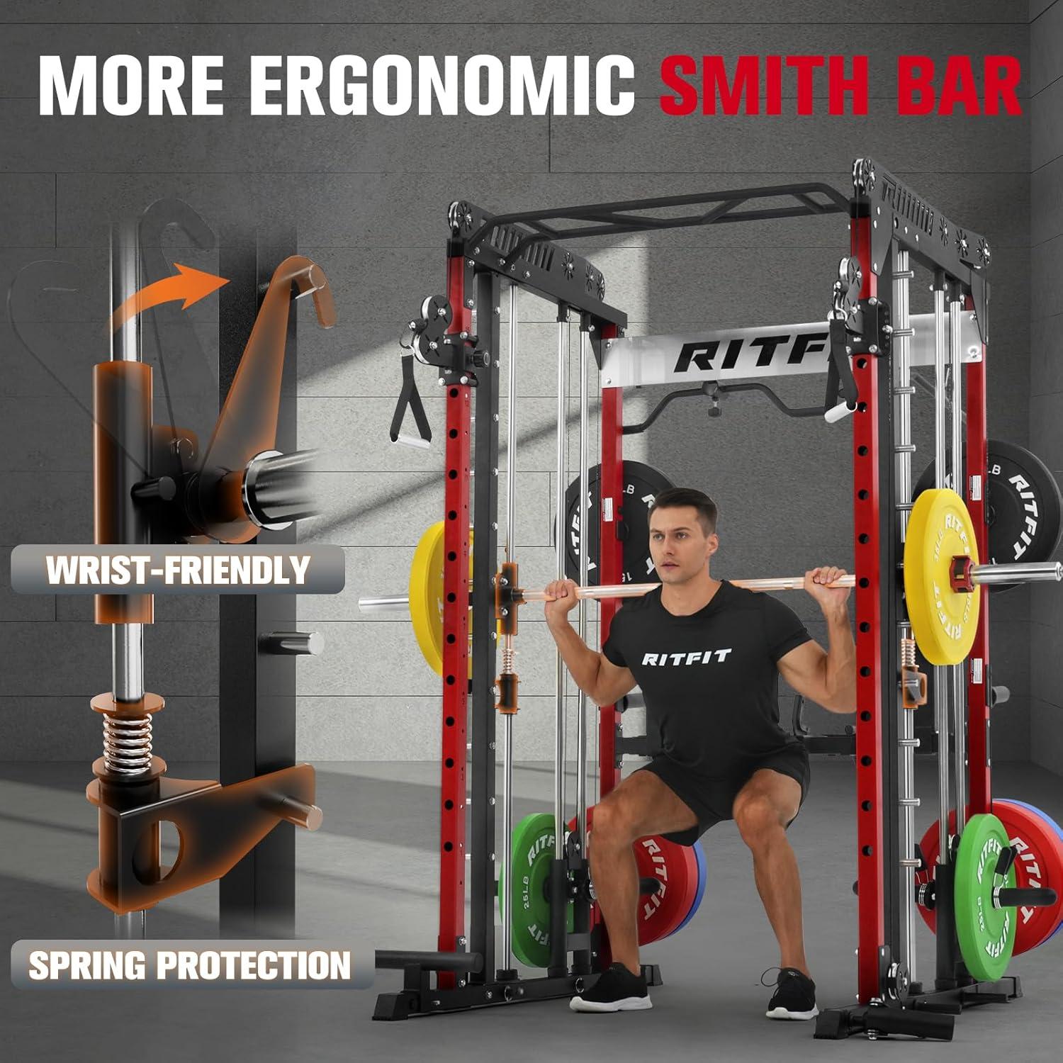 imageRitFit M1 Pro Smith Machine Package AllinOne Power Cage with Weight Stack Set Includes LAT Pulldown amp Cable Crossover System for Home GymeRed