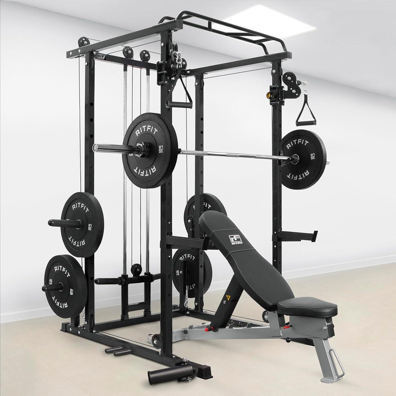 imageRitFit MultiFunction Power Cage with Adjustable Cable Crossover System1000LBS Capacity Squat Rack Full Home Gym Workout with JHook Landmine and Other Attachments 2023 Version PPC03Black