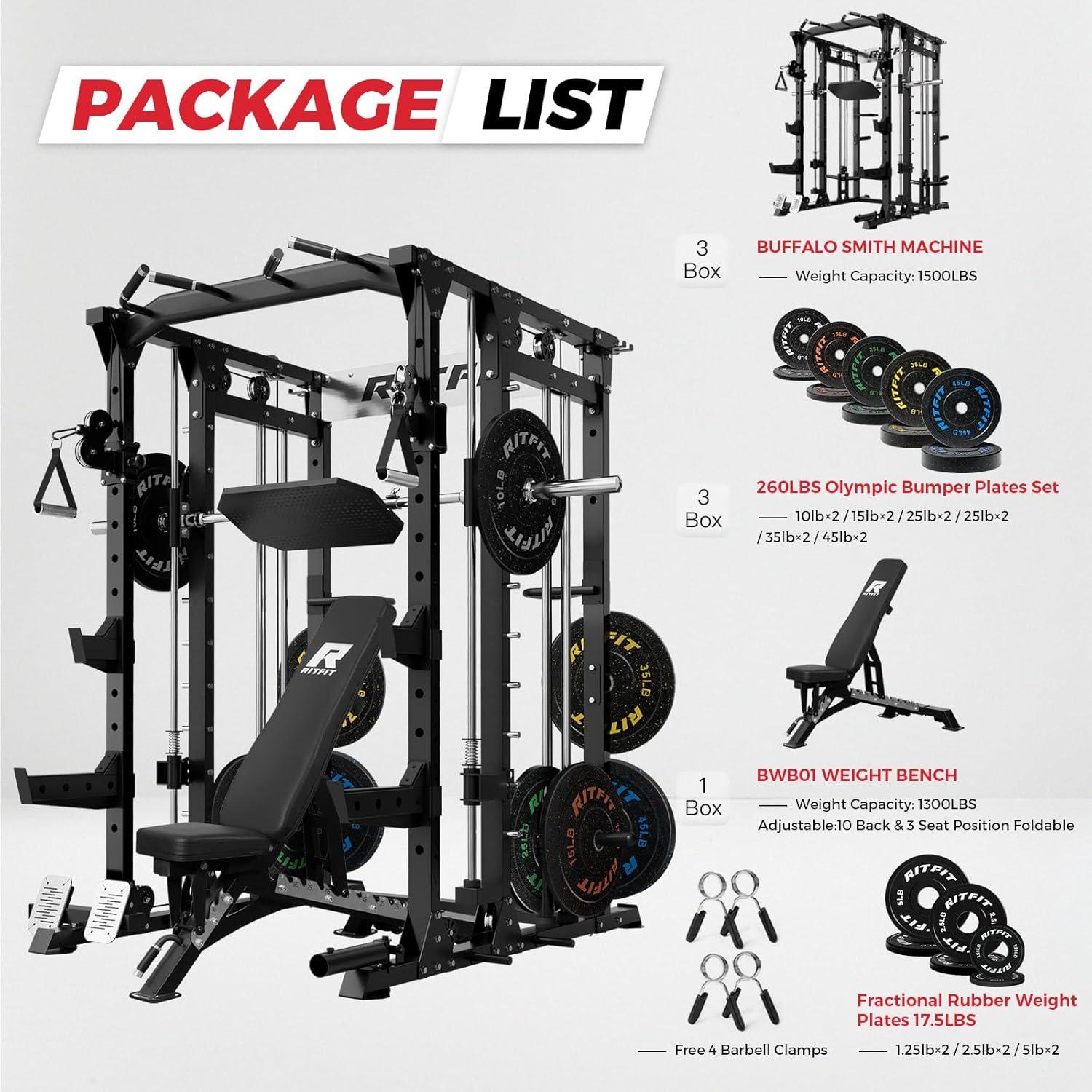 imageRitFit Smith Machine Power Cage with LAT Pulldown amp Cable Crossover AllinOne Power Rack Home Gym System with Leg Press Attachment amp AccessoriesBlack