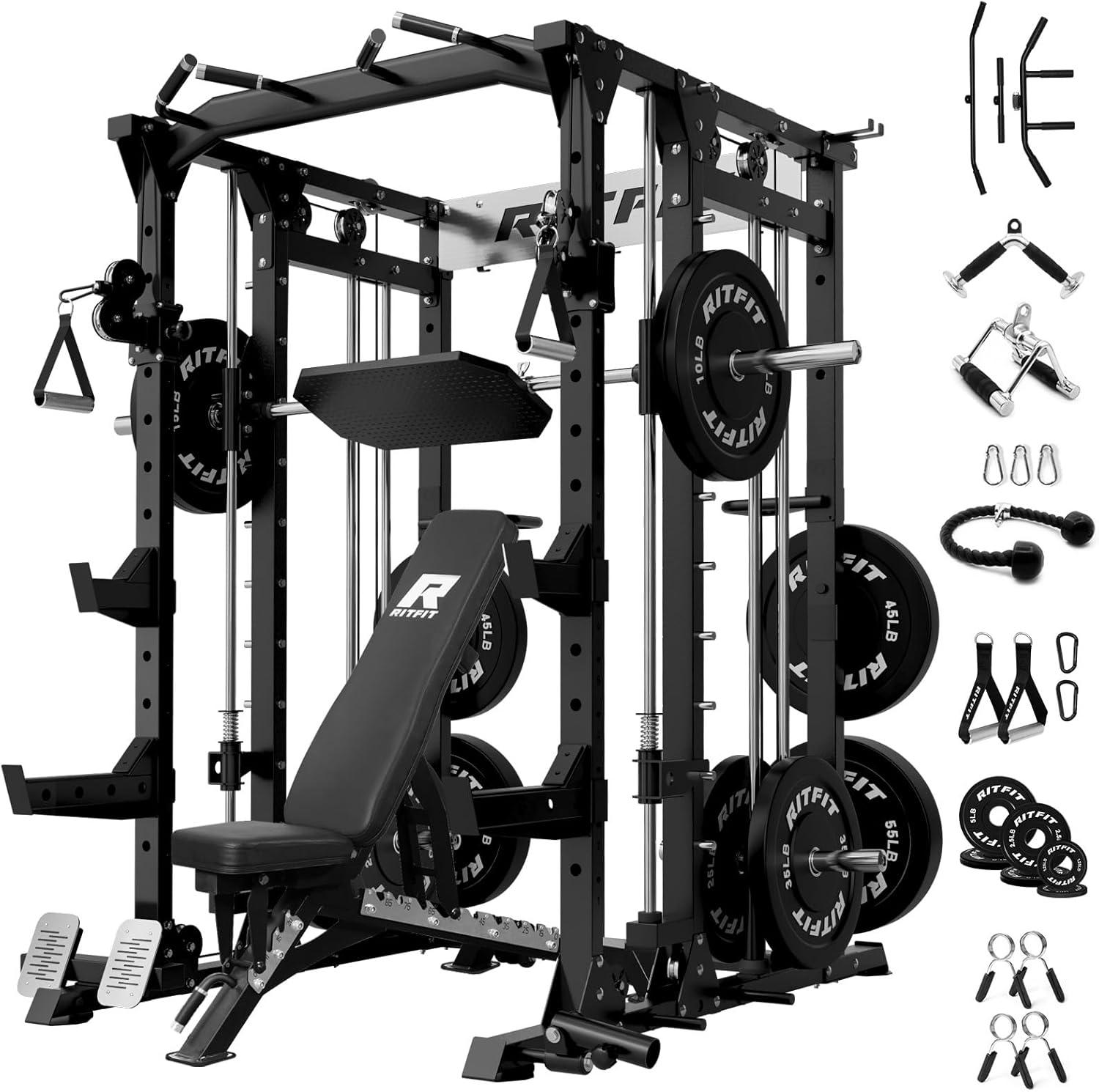 imageRitFit Smith Machine Power Cage with LAT Pulldown amp Cable Crossover AllinOne Power Rack Home Gym System with Leg Press Attachment amp AccessoriesBlack