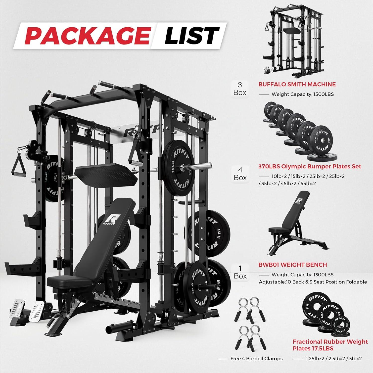 imageRitFit Smith Machine Power Cage with LAT Pulldown amp Cable Crossover AllinOne Power Rack Home Gym System with Leg Press Attachment amp AccessoriesBlack