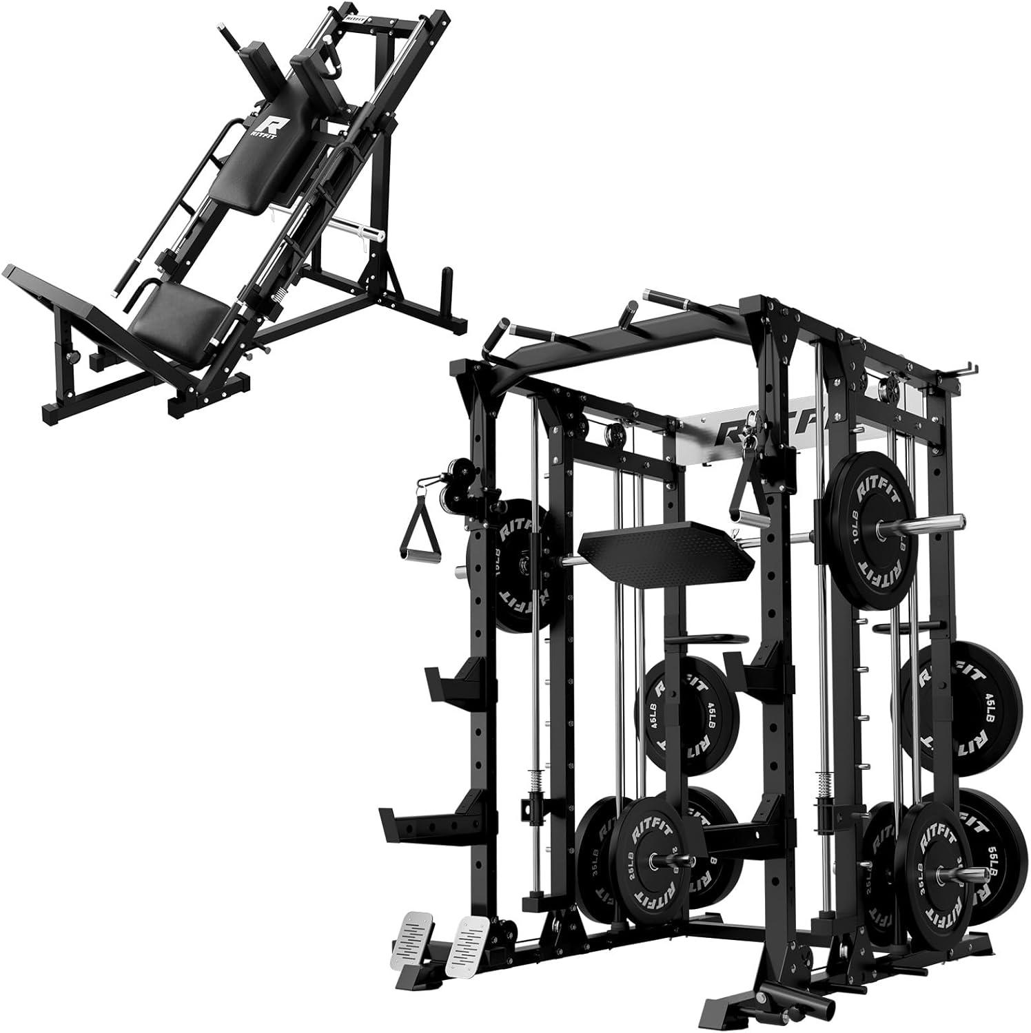 imageRitFit Smith Machine Power Cage with LAT Pulldown amp Cable Crossover AllinOne Power Rack Home Gym System with Leg Press Attachment amp AccessoriesBlack