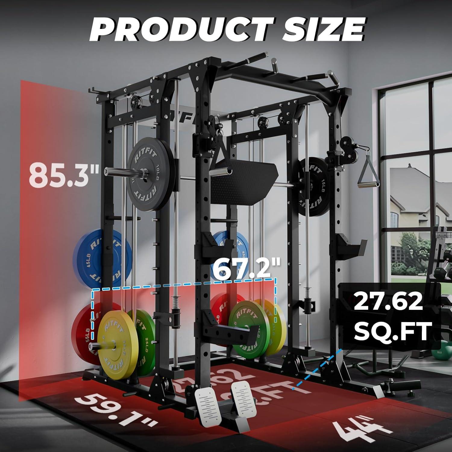 imageRitFit Smith Machine Power Cage with LAT Pulldown amp Cable Crossover AllinOne Power Rack Home Gym System with Leg Press Attachment amp AccessoriesBlack