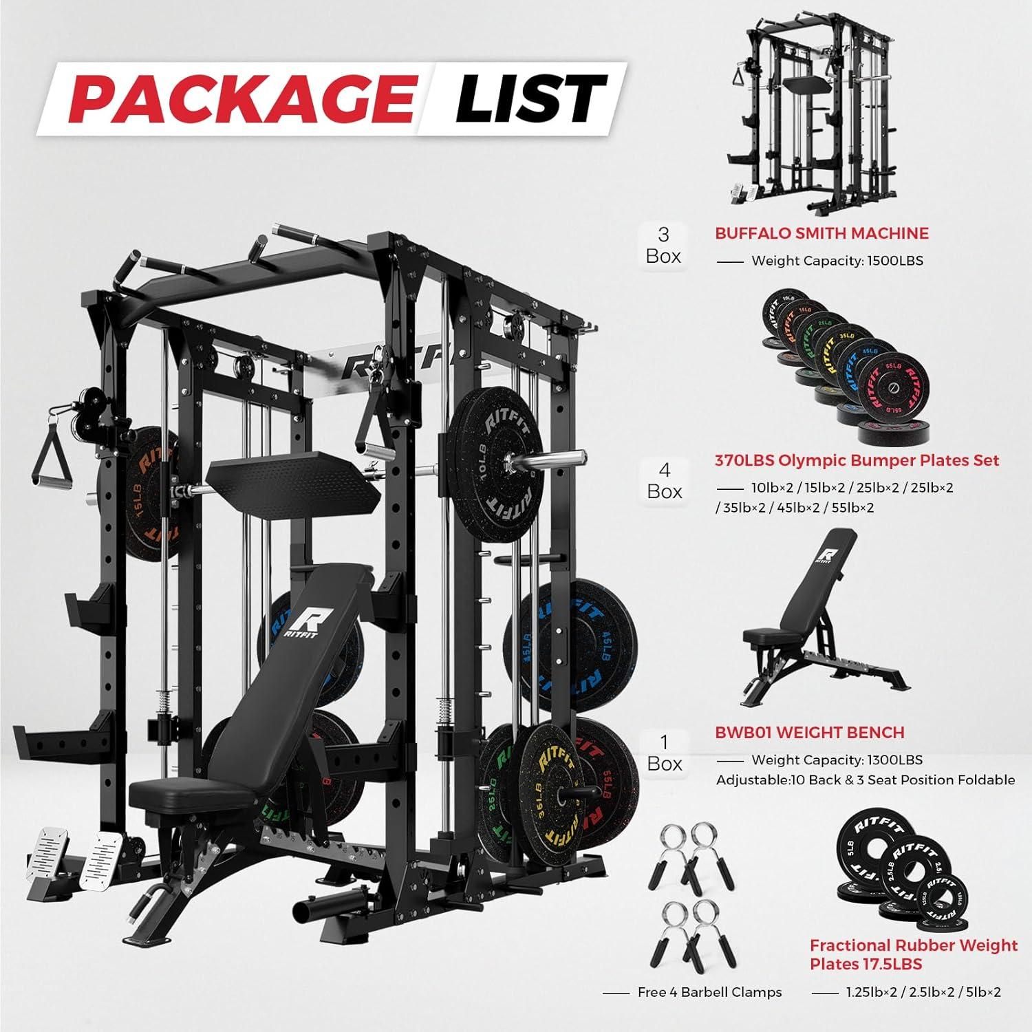 imageRitFit Smith Machine Power Cage with LAT Pulldown amp Cable Crossover AllinOne Power Rack Home Gym System with Leg Press Attachment amp AccessoriesBlack