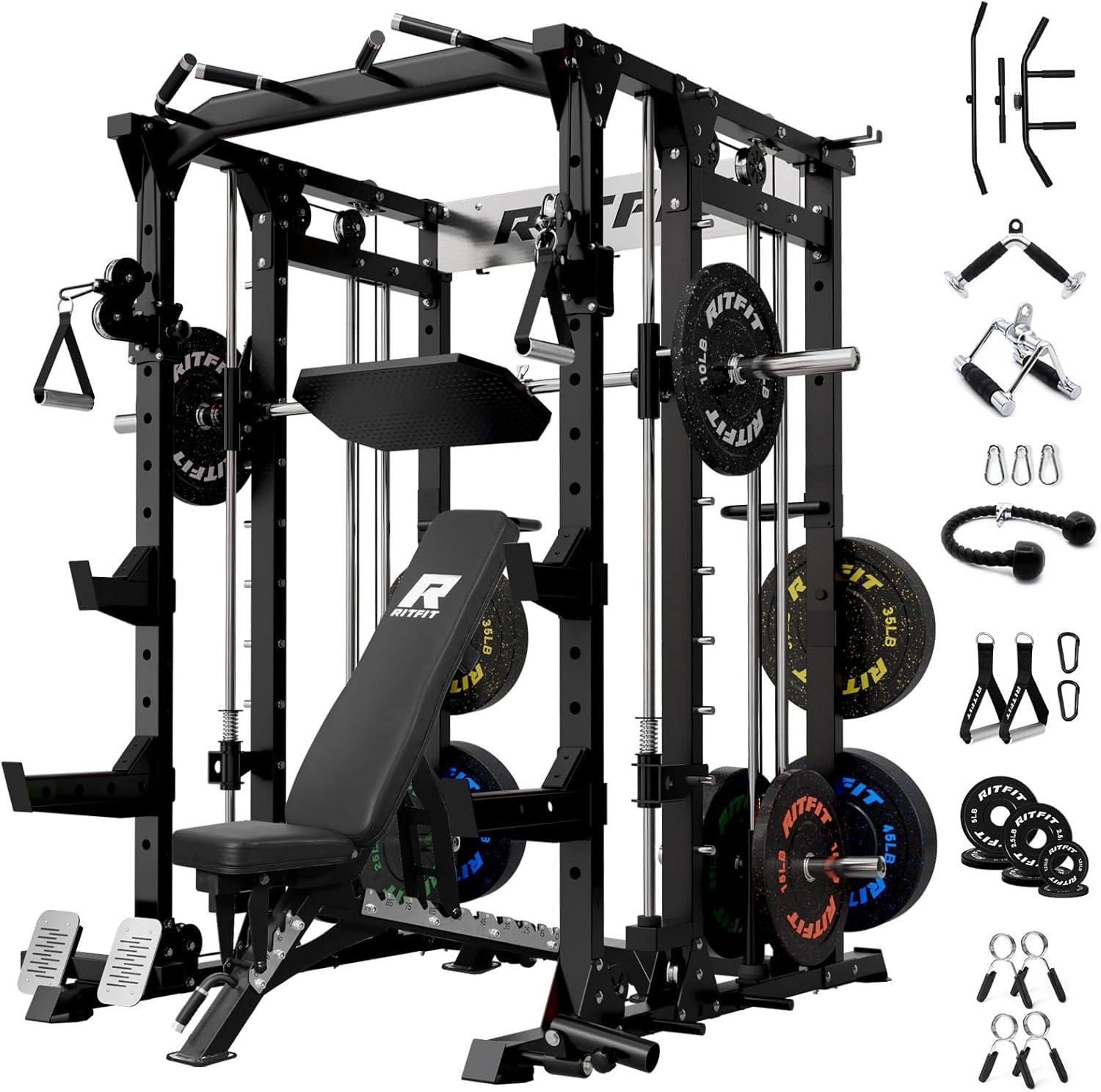 imageRitFit Smith Machine Power Cage with LAT Pulldown amp Cable Crossover AllinOne Power Rack Home Gym System with Leg Press Attachment amp AccessoriesBlack