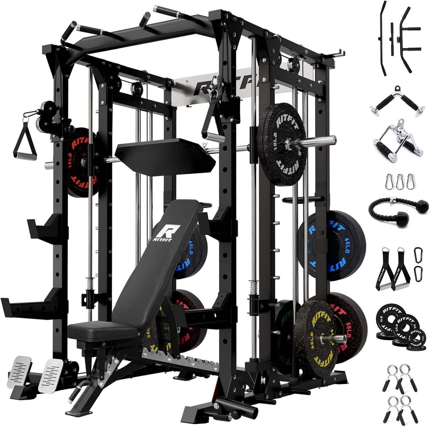 imageRitFit Smith Machine Power Cage with LAT Pulldown amp Cable Crossover AllinOne Power Rack Home Gym System with Leg Press Attachment amp AccessoriesBlack