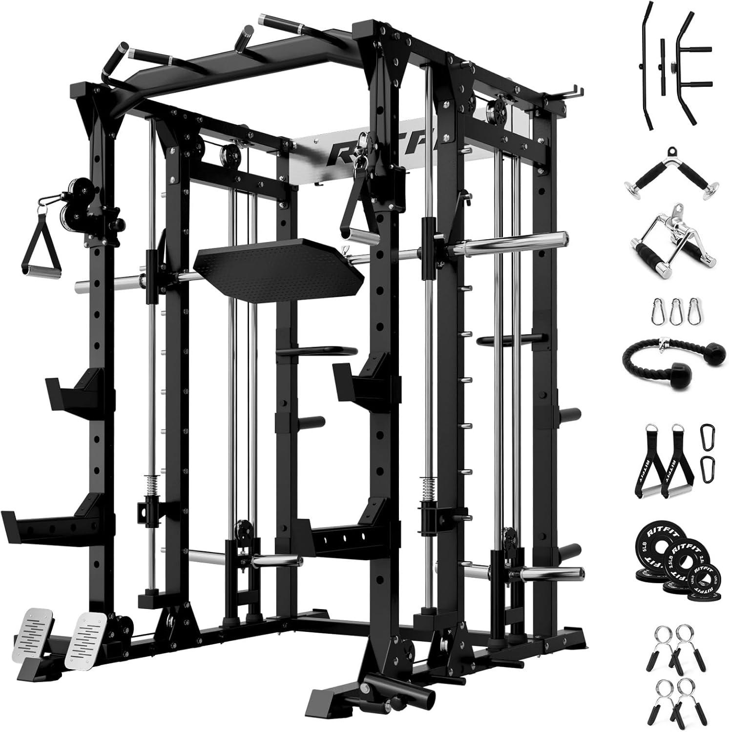 imageRitFit Smith Machine Power Cage with LAT Pulldown amp Cable Crossover AllinOne Power Rack Home Gym System with Leg Press Attachment amp AccessoriesBlack