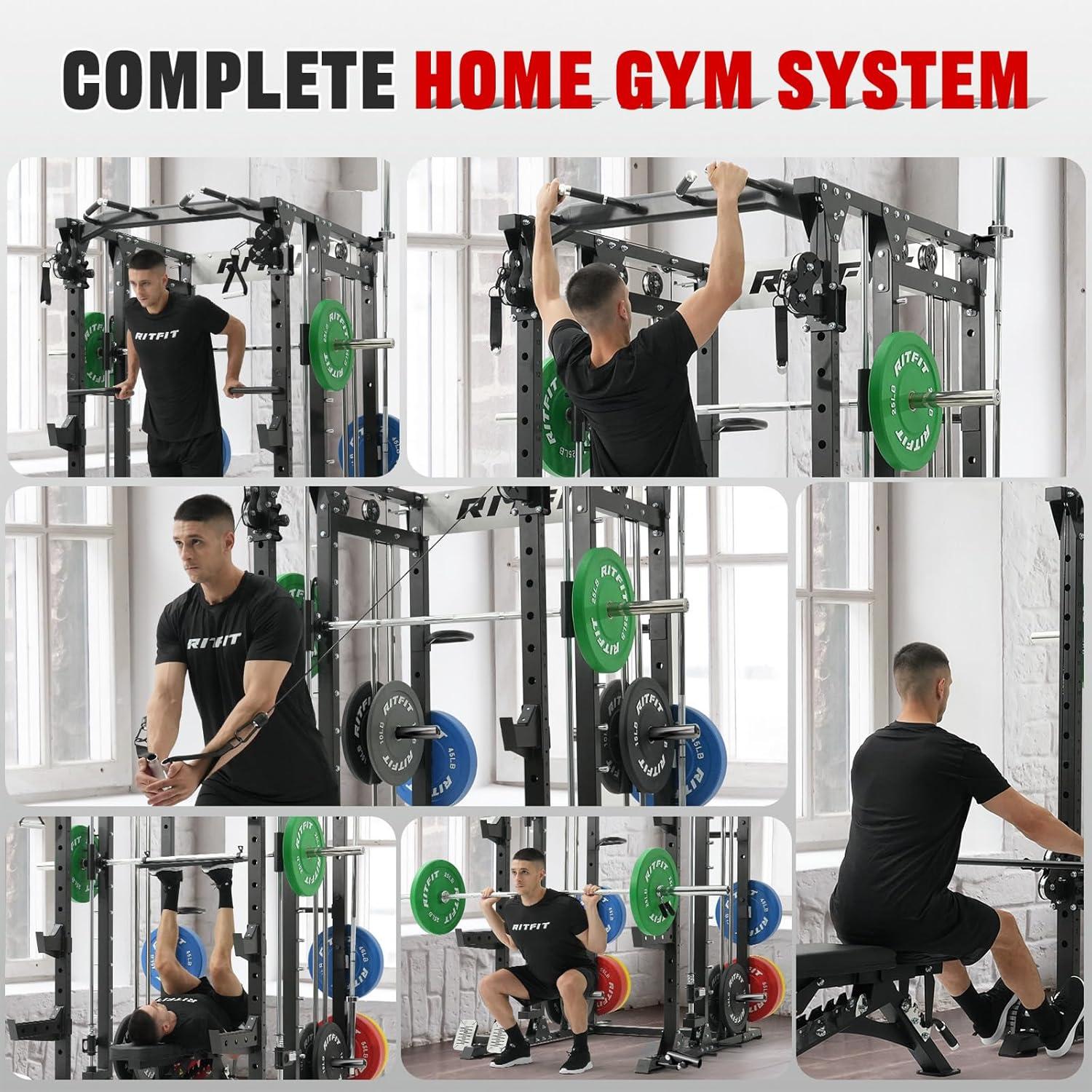 imageRitFit Smith Machine Power Cage with LAT Pulldown amp Cable Crossover AllinOne Power Rack Home Gym System with Leg Press Attachment amp AccessoriesBlack