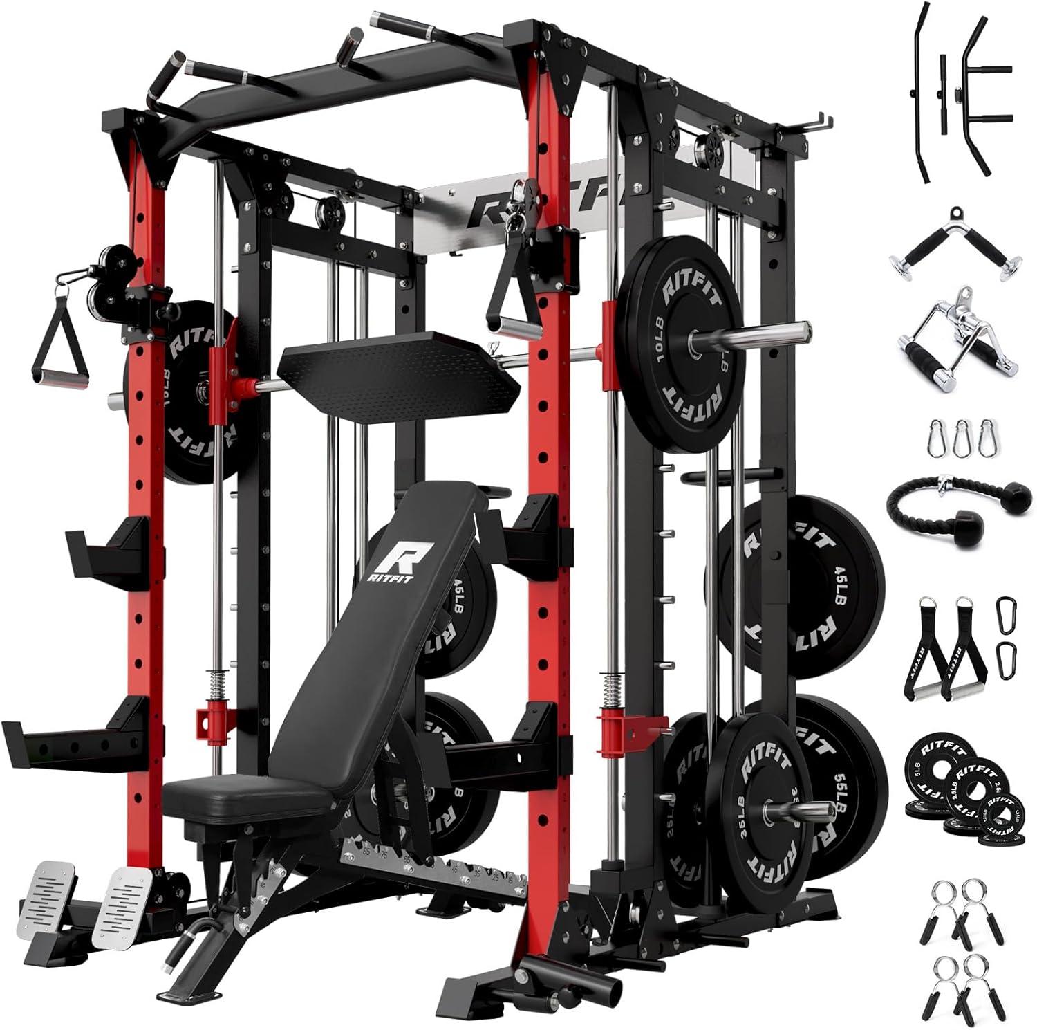 imageRitFit Smith Machine Power Cage with LAT Pulldown amp Cable Crossover AllinOne Power Rack Home Gym System with Leg Press Attachment amp AccessoriesRed