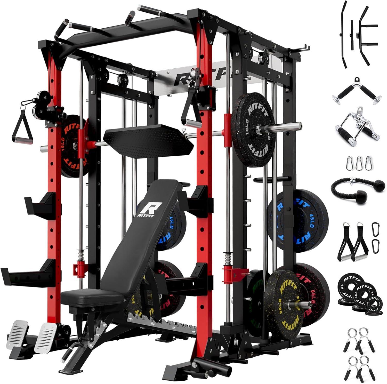 imageRitFit Smith Machine Power Cage with LAT Pulldown amp Cable Crossover AllinOne Power Rack Home Gym System with Leg Press Attachment amp AccessoriesRed