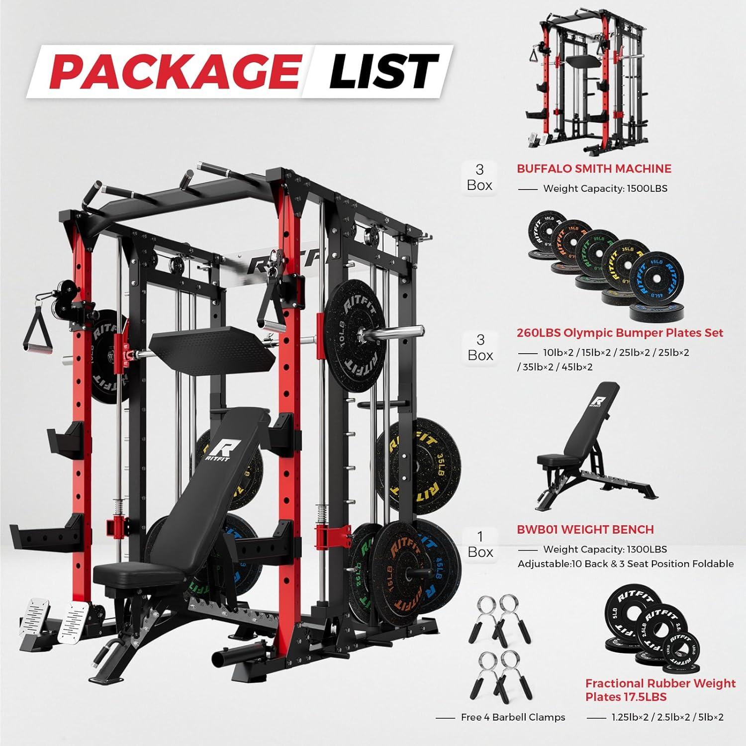 imageRitFit Smith Machine Power Cage with LAT Pulldown amp Cable Crossover AllinOne Power Rack Home Gym System with Leg Press Attachment amp AccessoriesRed