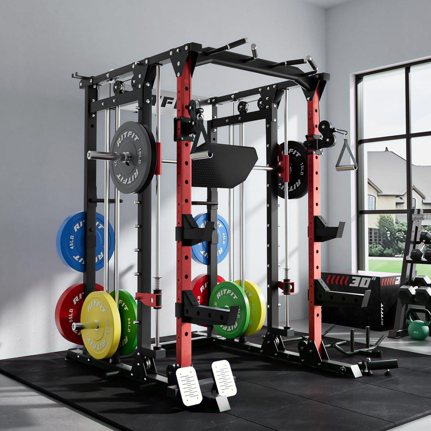 imageRitFit Smith Machine Power Cage with LAT Pulldown amp Cable Crossover AllinOne Power Rack Home Gym System with Leg Press Attachment amp AccessoriesRed