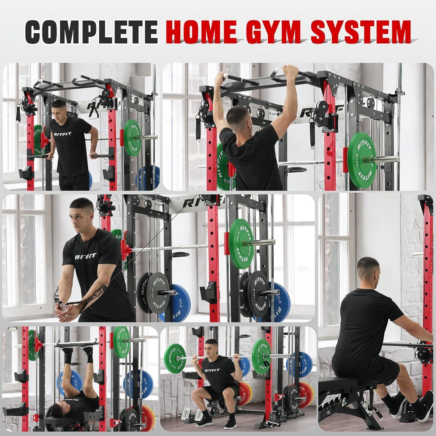 imageRitFit Smith Machine Power Cage with LAT Pulldown amp Cable Crossover AllinOne Power Rack Home Gym System with Leg Press Attachment amp AccessoriesRed