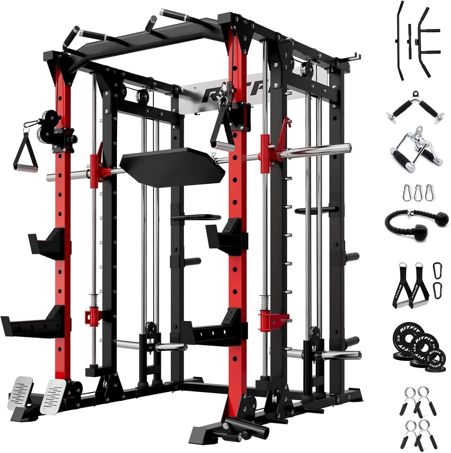 imageRitFit Smith Machine Power Cage with LAT Pulldown amp Cable Crossover AllinOne Power Rack Home Gym System with Leg Press Attachment amp AccessoriesRed
