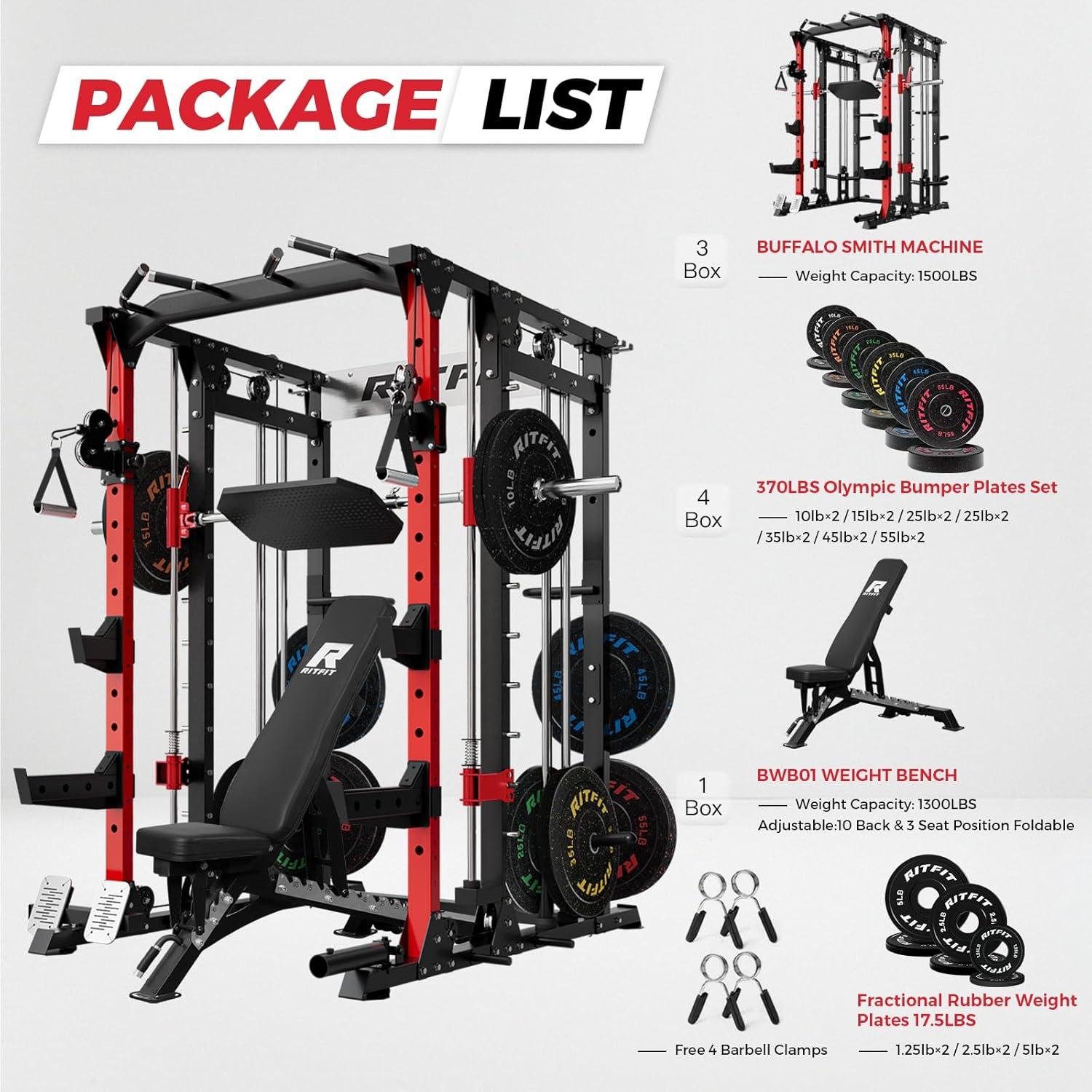imageRitFit Smith Machine Power Cage with LAT Pulldown amp Cable Crossover AllinOne Power Rack Home Gym System with Leg Press Attachment amp AccessoriesRed