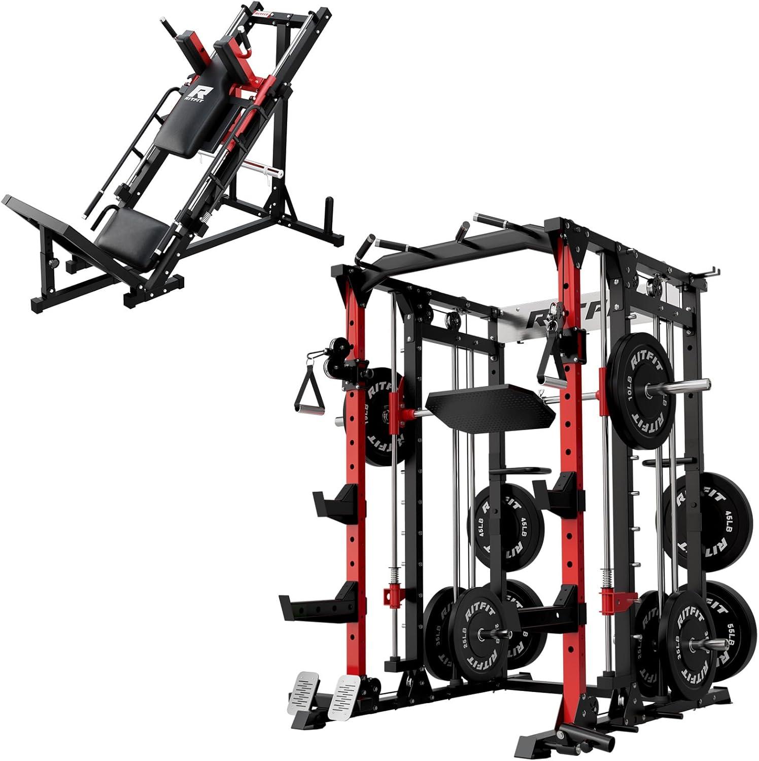 imageRitFit Smith Machine Power Cage with LAT Pulldown amp Cable Crossover AllinOne Power Rack Home Gym System with Leg Press Attachment amp AccessoriesRed