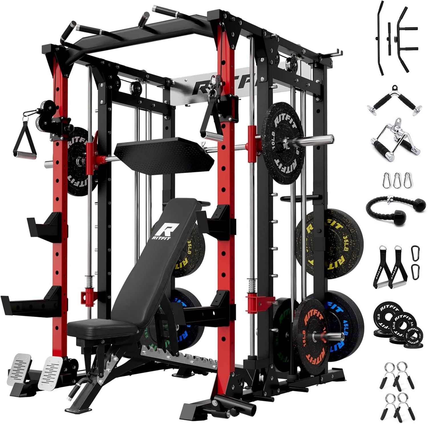 imageRitFit Smith Machine Power Cage with LAT Pulldown amp Cable Crossover AllinOne Power Rack Home Gym System with Leg Press Attachment amp AccessoriesRed