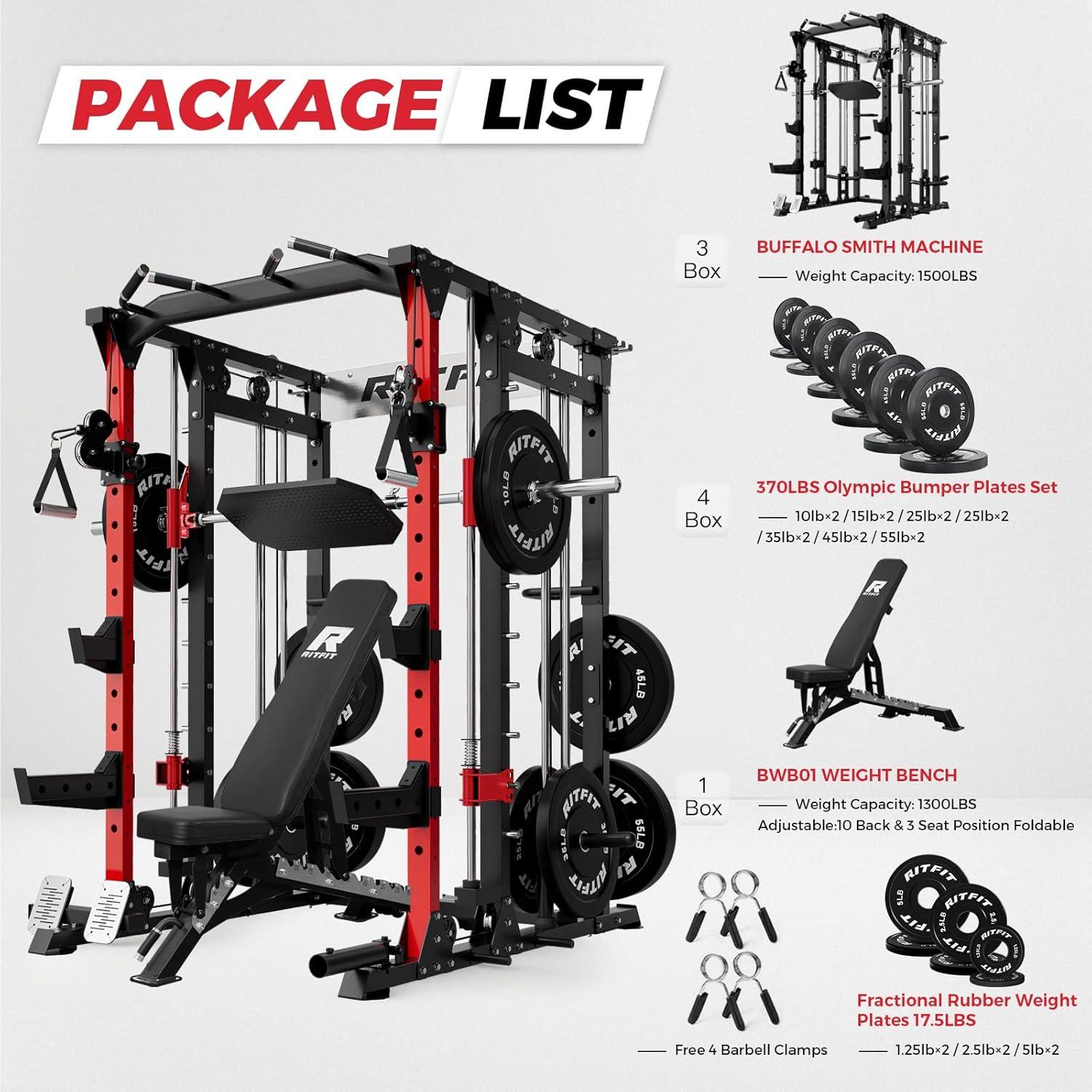 imageRitFit Smith Machine Power Cage with LAT Pulldown amp Cable Crossover AllinOne Power Rack Home Gym System with Leg Press Attachment amp AccessoriesRed