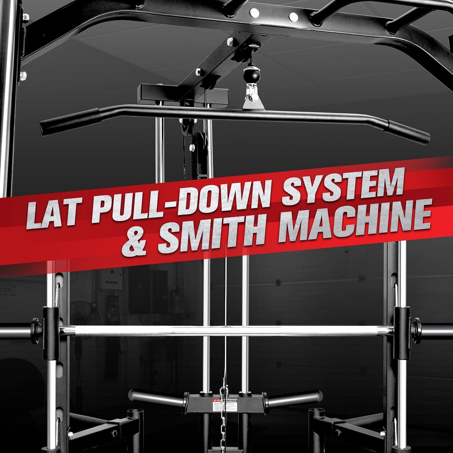 imageRitFit Smith Machine Power Rack with LATPull Down System Landmine Barbell Bar Plate Storage Pegs and More Training AttachmentPackage With Black BP 230LBS