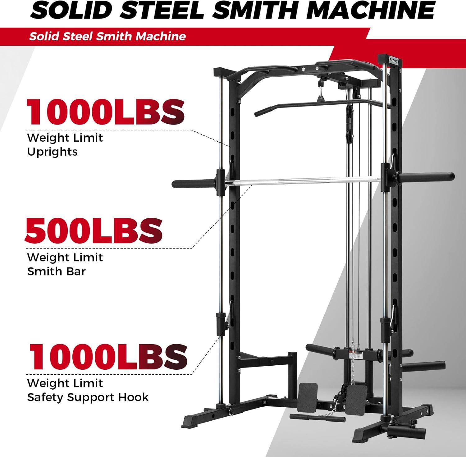 imageRitFit Smith Machine Power Rack with LATPull Down System Landmine Barbell Bar Plate Storage Pegs and More Training AttachmentPackage With RP 230LBS