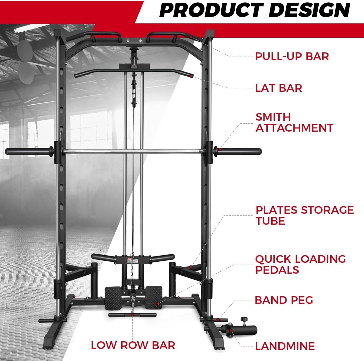 imageRitFit Smith Machine Power Rack with LATPull Down System Landmine Barbell Bar Plate Storage Pegs and More Training AttachmentPackage With RP 230LBS
