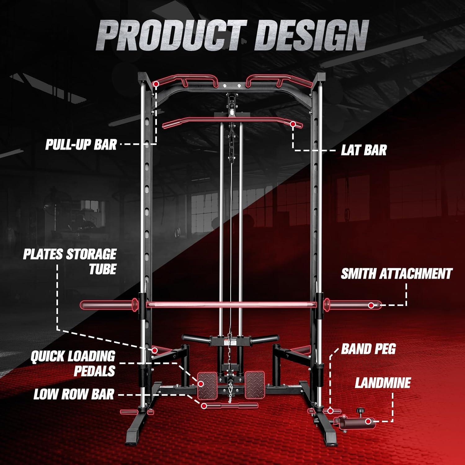 imageRitFit Smith Machine Power Rack with LATPull Down System Landmine Barbell Bar Plate Storage Pegs and More Training Attachmentsmith machine