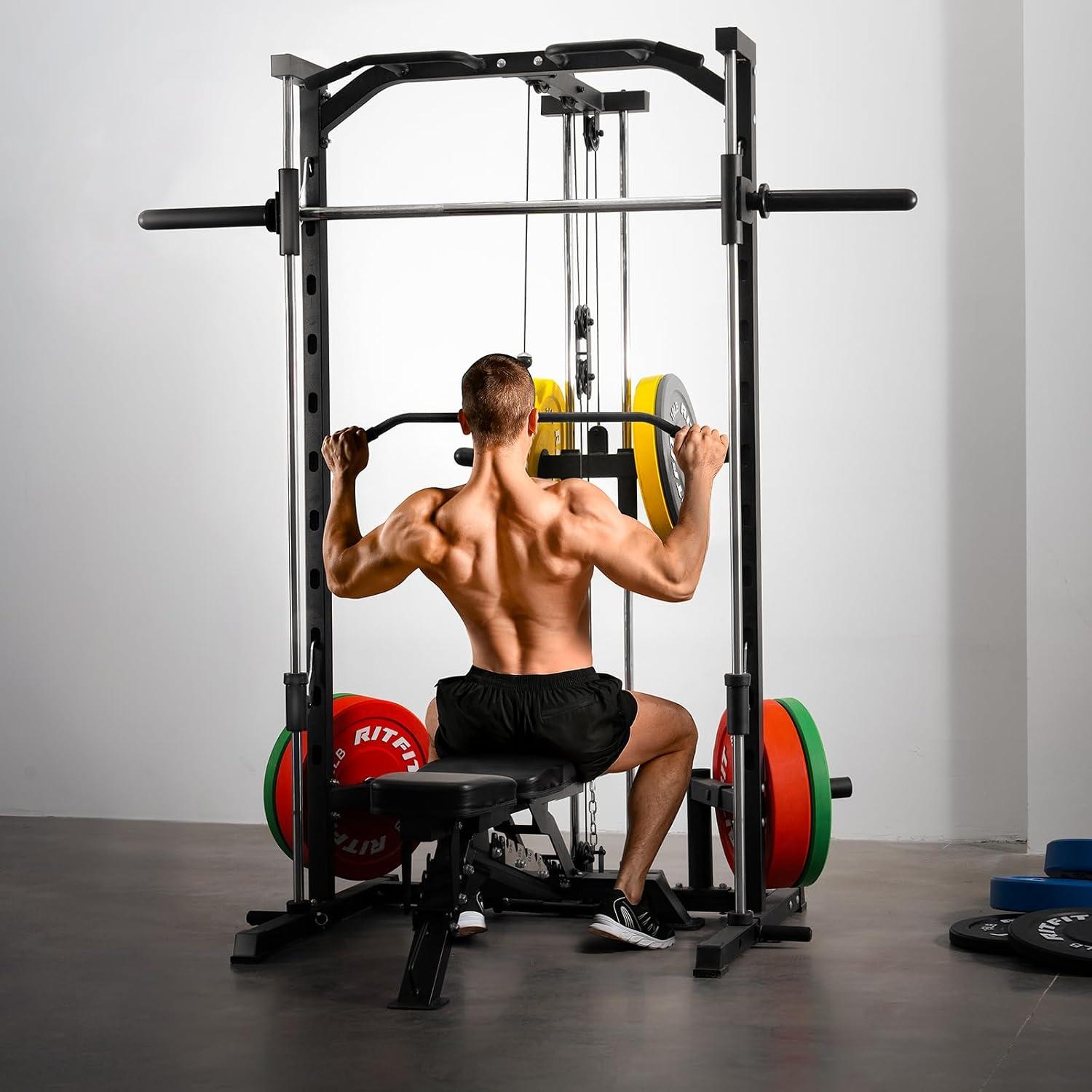 imageRitFit Smith Machine Power Rack with LATPull Down System Landmine Barbell Bar Plate Storage Pegs and More Training Attachmentsmith machine