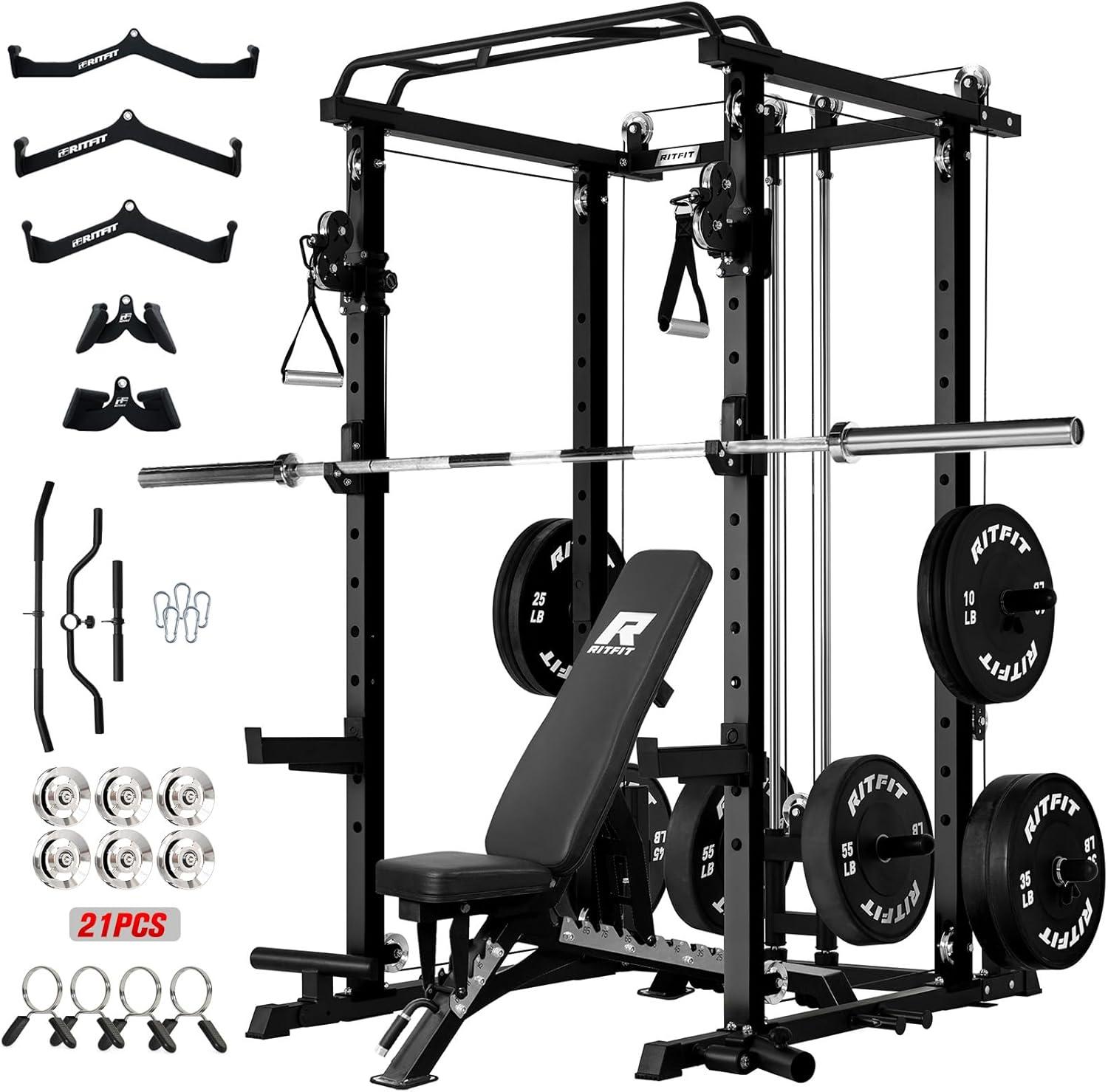 imageRitFit Upgraded PPCP3 Power Cage 3in1 Home Gym with Aluminum Pulley System 1200LBS Capacity Includes LAT Pulldown Landmine JHooks amp 20 Attachments Fits Compact Spaces Black RedBlack