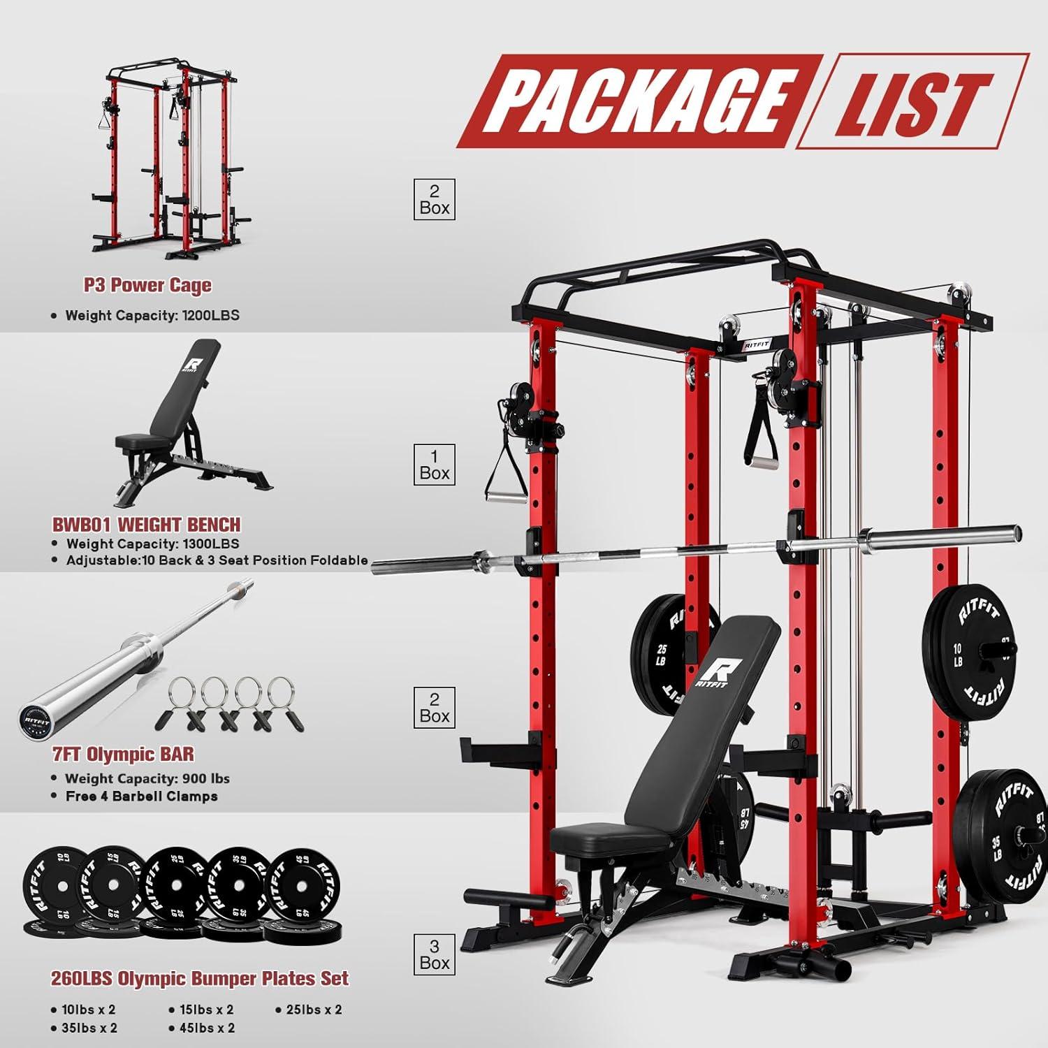imageRitFit Upgraded PPCP3 Power Cage 3in1 Home Gym with Aluminum Pulley System 1200LBS Capacity Includes LAT Pulldown Landmine JHooks amp 20 Attachments Fits Compact Spaces Black RedRed