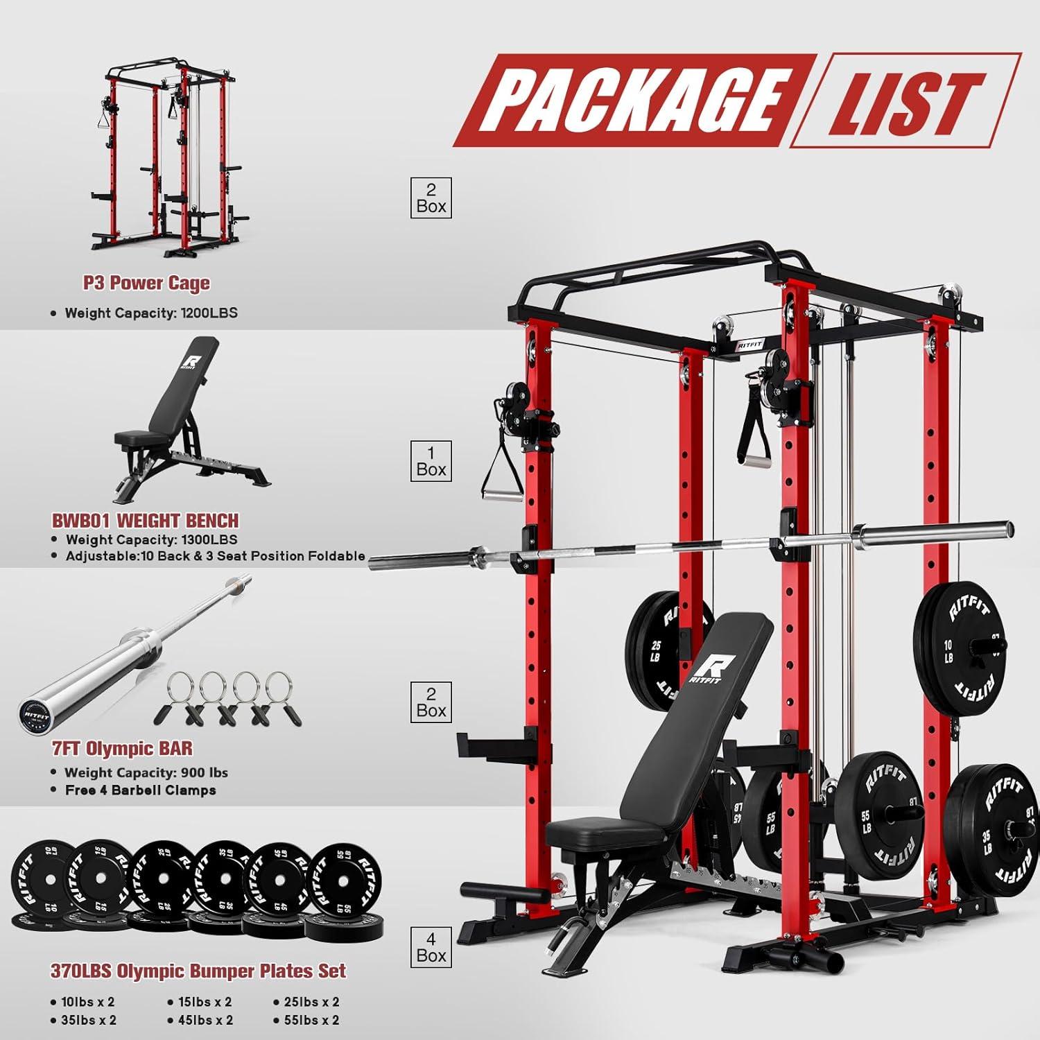 imageRitFit Upgraded PPCP3 Power Cage 3in1 Home Gym with Aluminum Pulley System 1200LBS Capacity Includes LAT Pulldown Landmine JHooks amp 20 Attachments Fits Compact Spaces Black RedRed