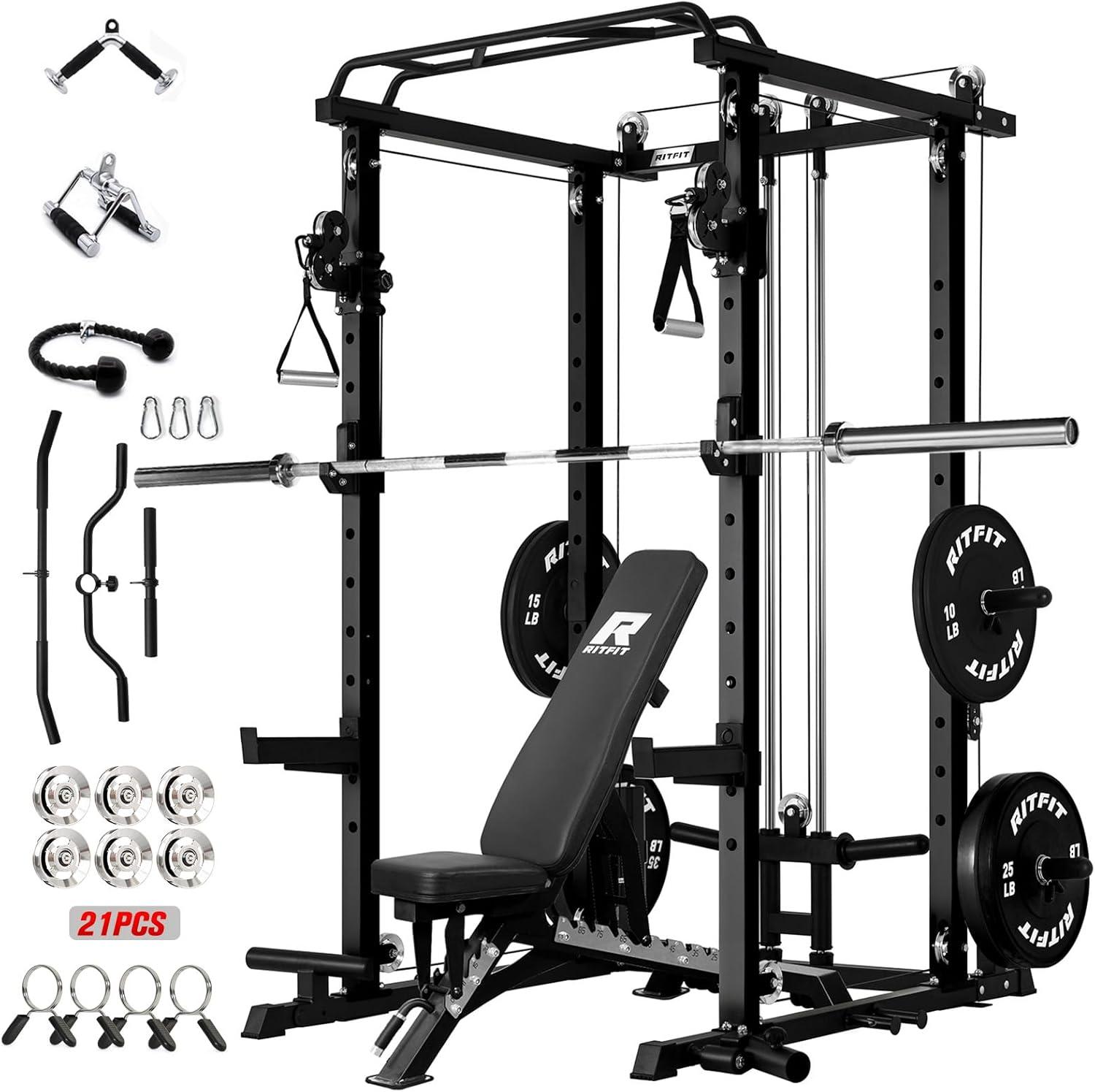 imageRitFit Upgraded PPCP3 Power Cage 3in1 Home Gym with Aluminum Pulley System 1200LBS Capacity Includes LAT Pulldown Landmine JHooks amp 20 Attachments Fits Compact Spaces Black RedBlack