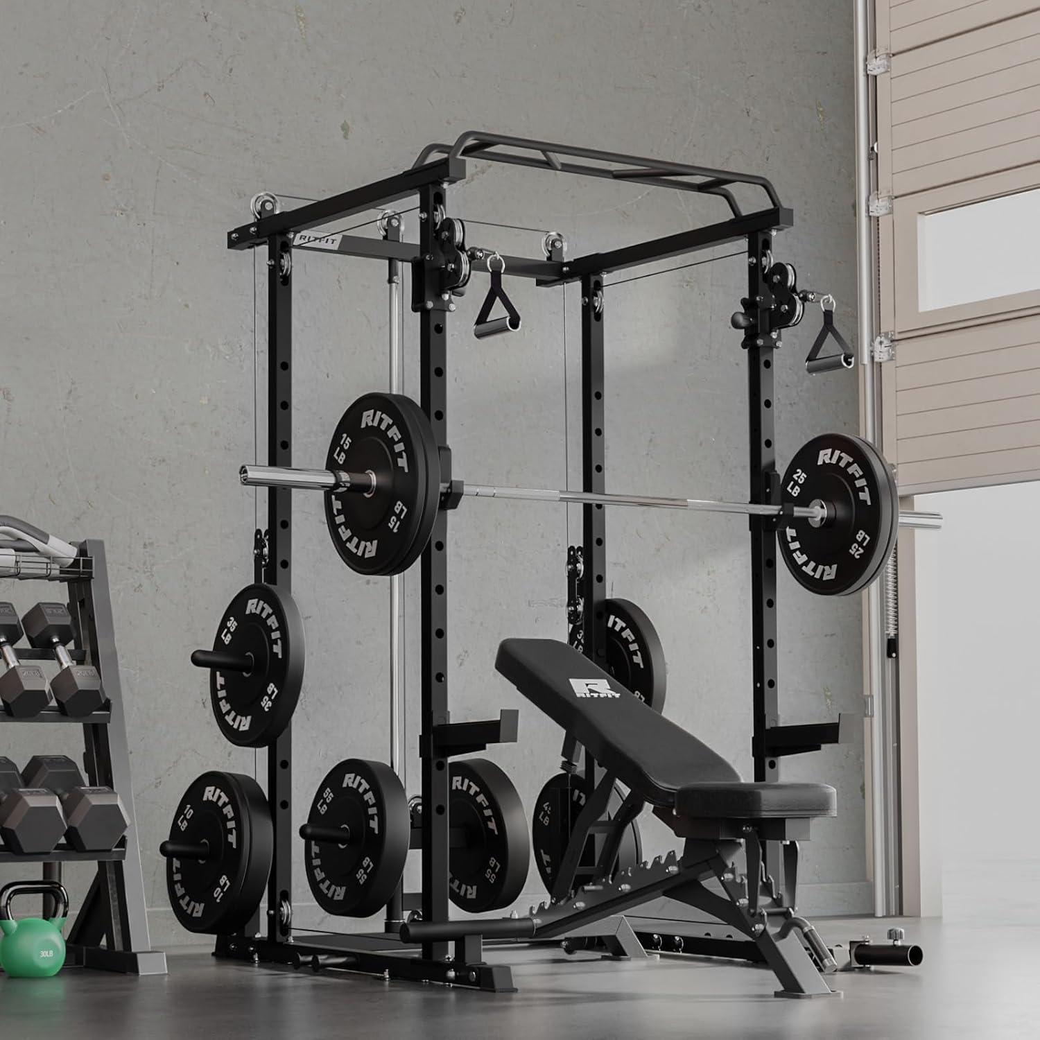 imageRitFit Upgraded PPCP3 Power Cage 3in1 Home Gym with Aluminum Pulley System 1200LBS Capacity Includes LAT Pulldown Landmine JHooks amp 20 Attachments Fits Compact Spaces Black RedBlack