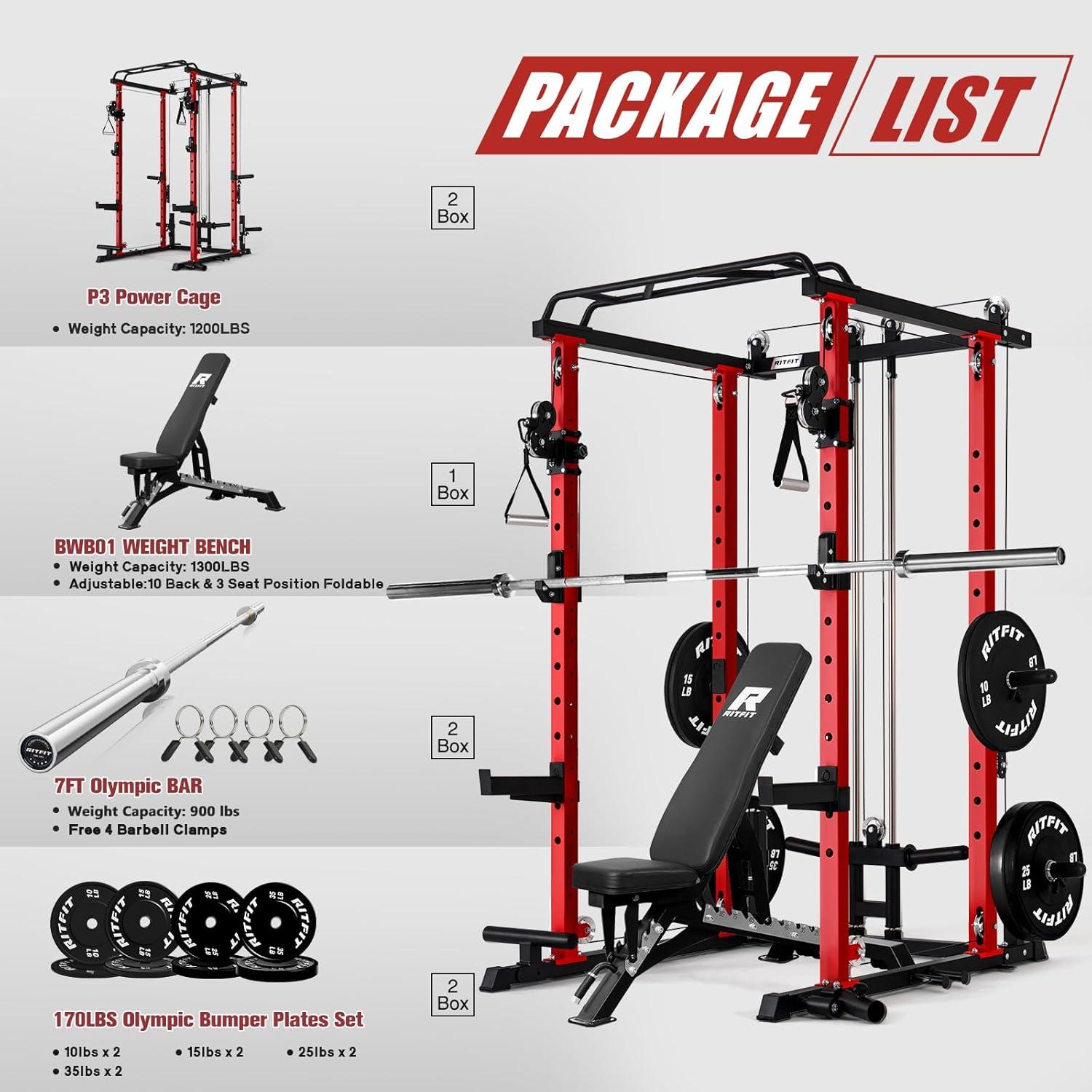 imageRitFit Upgraded PPCP3 Power Cage 3in1 Home Gym with Aluminum Pulley System 1200LBS Capacity Includes LAT Pulldown Landmine JHooks amp 20 Attachments Fits Compact Spaces Black RedRed
