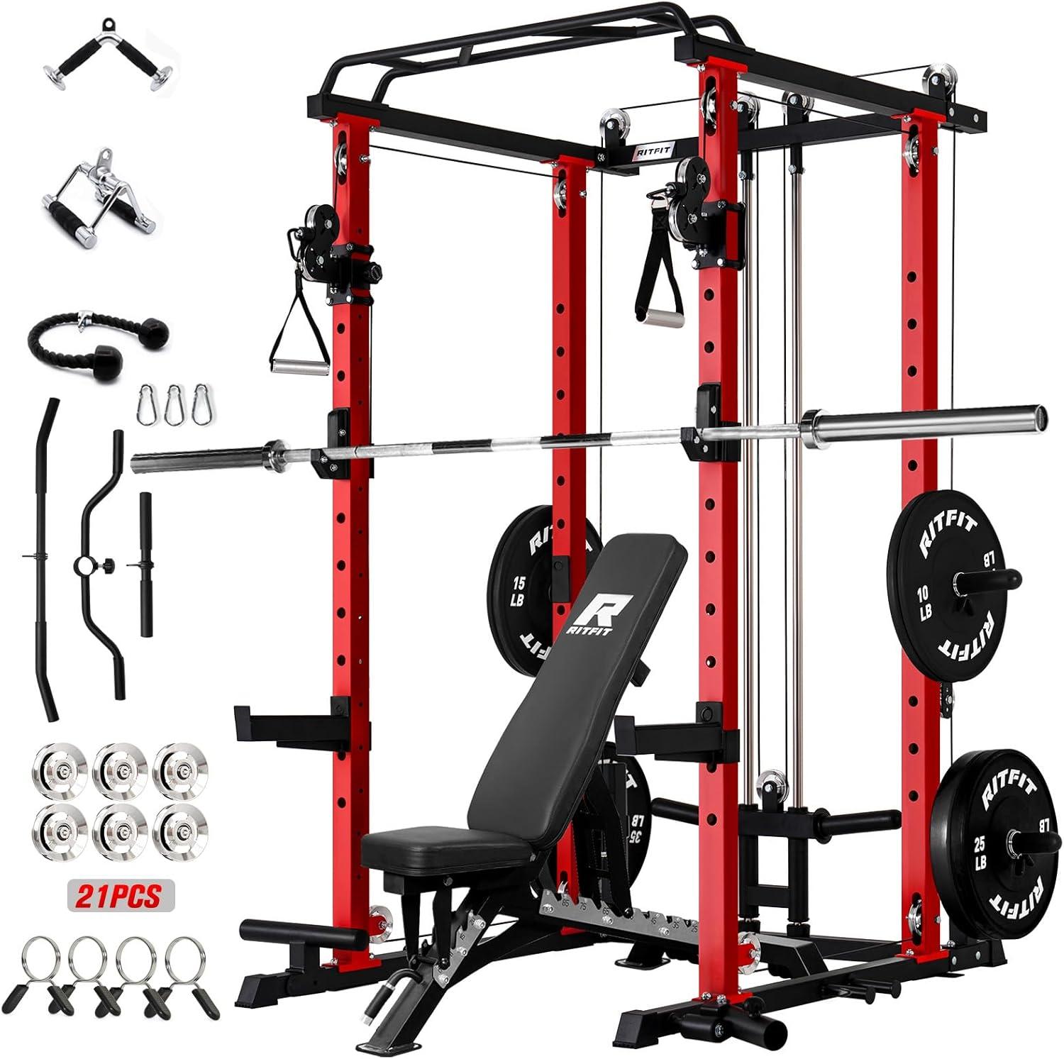 imageRitFit Upgraded PPCP3 Power Cage 3in1 Home Gym with Aluminum Pulley System 1200LBS Capacity Includes LAT Pulldown Landmine JHooks amp 20 Attachments Fits Compact Spaces Black RedRed