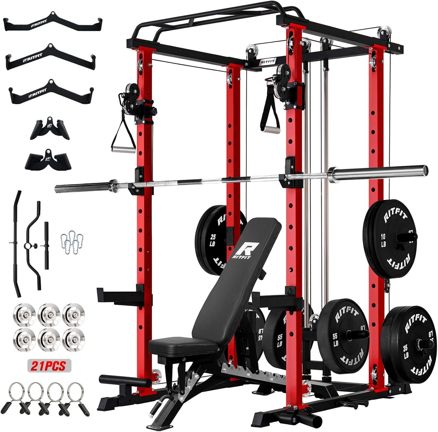 imageRitFit Upgraded PPCP3 Power Cage 3in1 Home Gym with Aluminum Pulley System 1200LBS Capacity Includes LAT Pulldown Landmine JHooks amp 20 Attachments Fits Compact Spaces Black RedRed