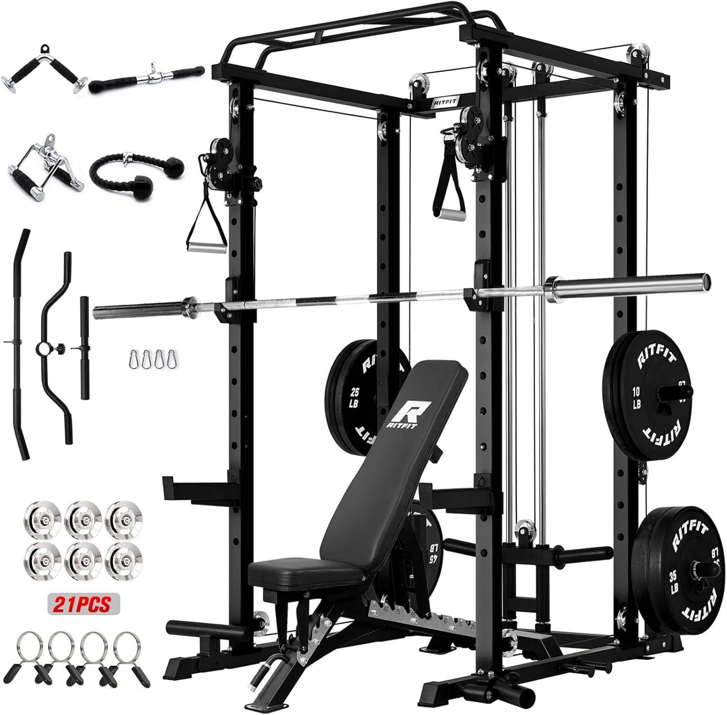imageRitFit Upgraded PPCP3 Power Cage 3in1 Home Gym with Aluminum Pulley System 1200LBS Capacity Includes LAT Pulldown Landmine JHooks amp 20 Attachments Fits Compact Spaces Black RedBlack