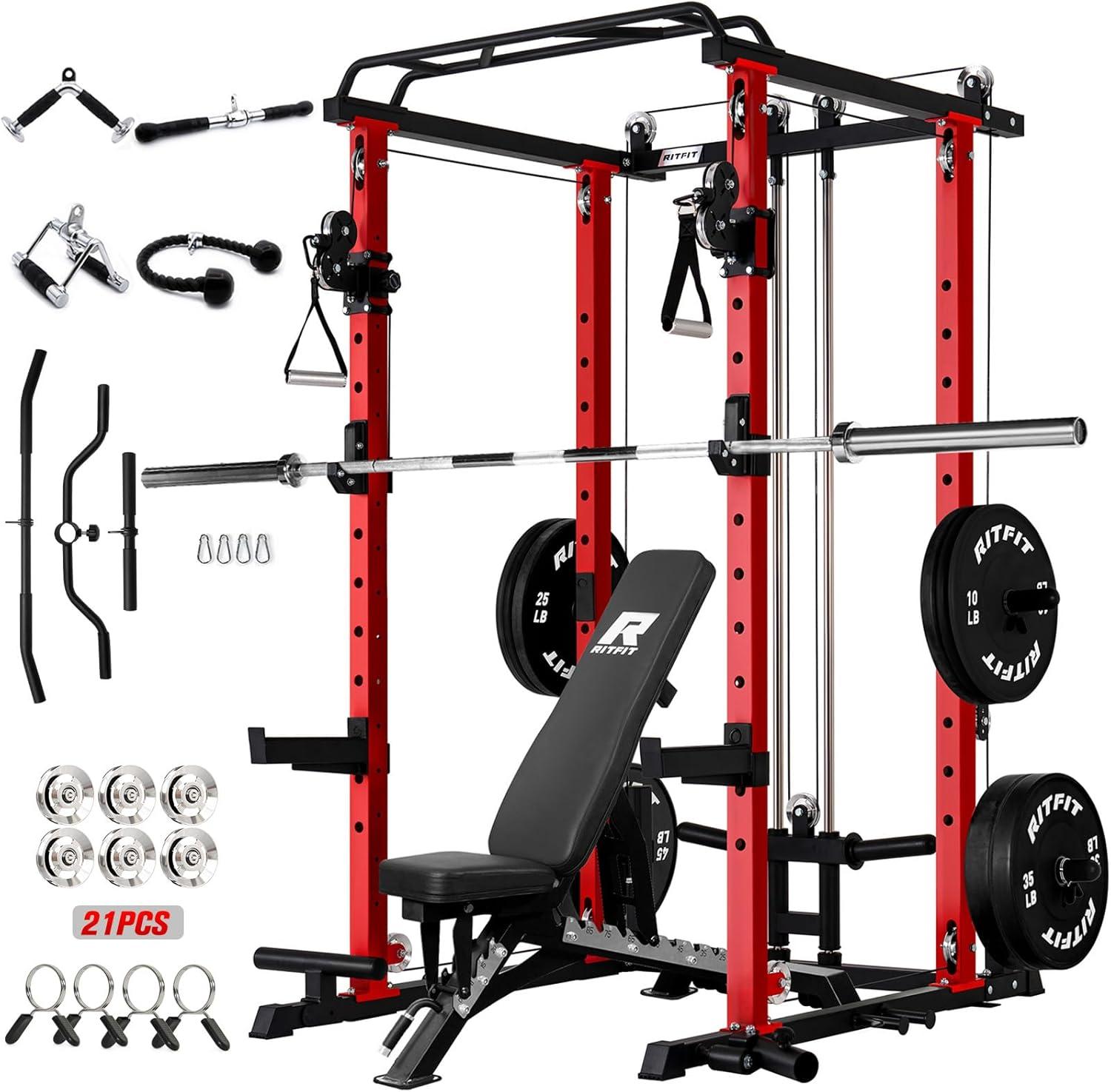 imageRitFit Upgraded PPCP3 Power Cage 3in1 Home Gym with Aluminum Pulley System 1200LBS Capacity Includes LAT Pulldown Landmine JHooks amp 20 Attachments Fits Compact Spaces Black RedRed
