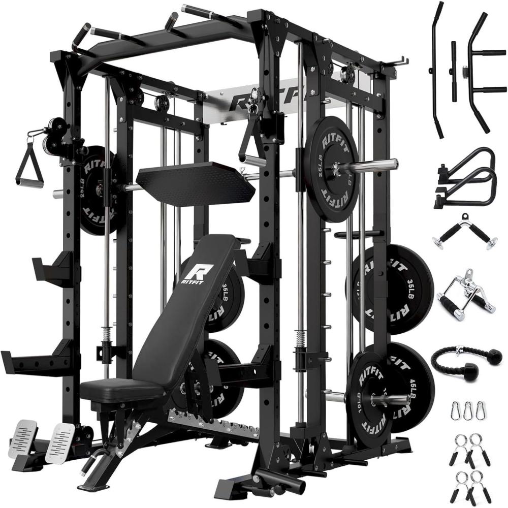 imageRitFit Buffalo Smith Machine Power cage with LATPull Down System amp Cable Crossover System AllinOne Squat Rack for Home Gym Power RackBlack