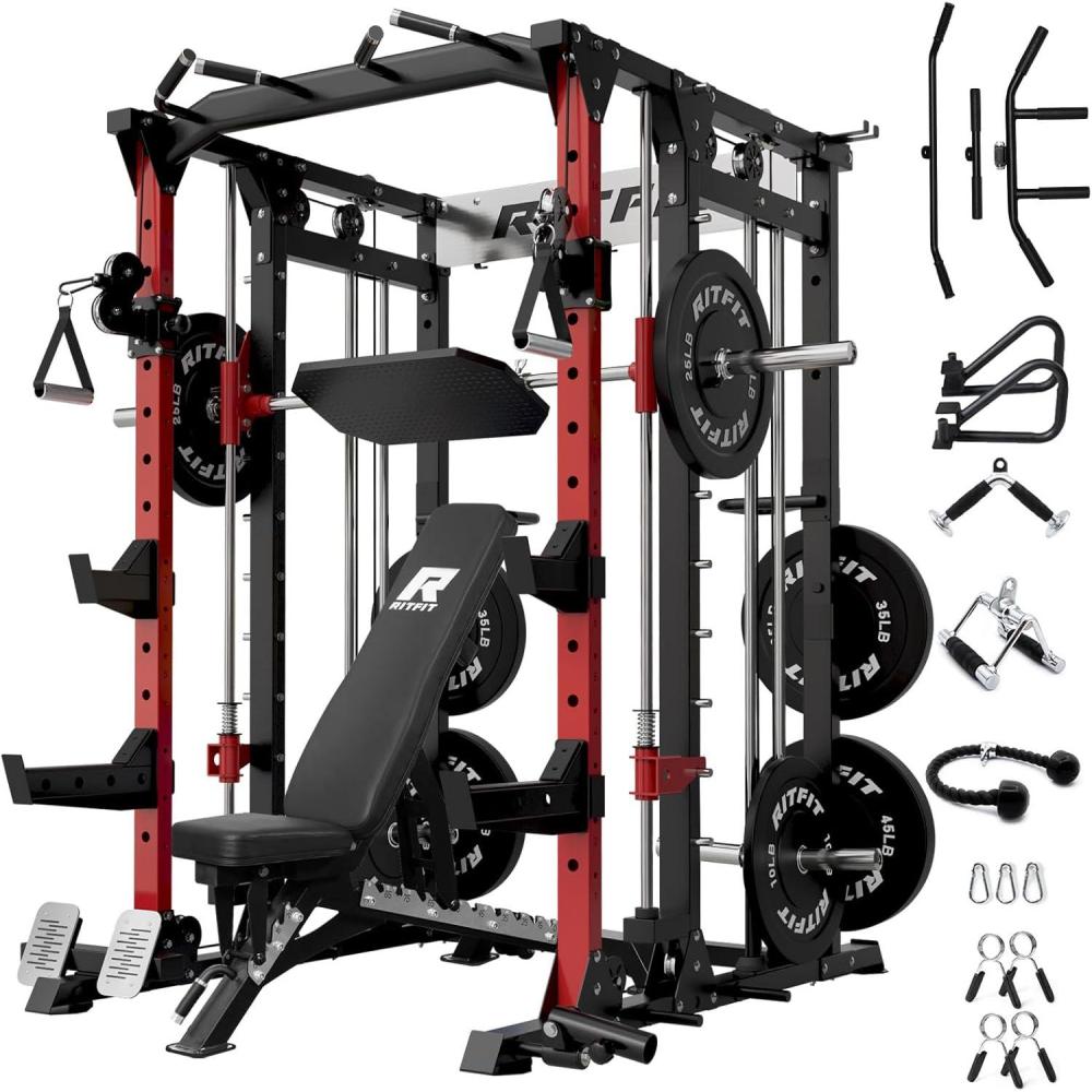imageRitFit Buffalo Smith Machine Power cage with LATPull Down System amp Cable Crossover System AllinOne Squat Rack for Home Gym Power RackRedBlack