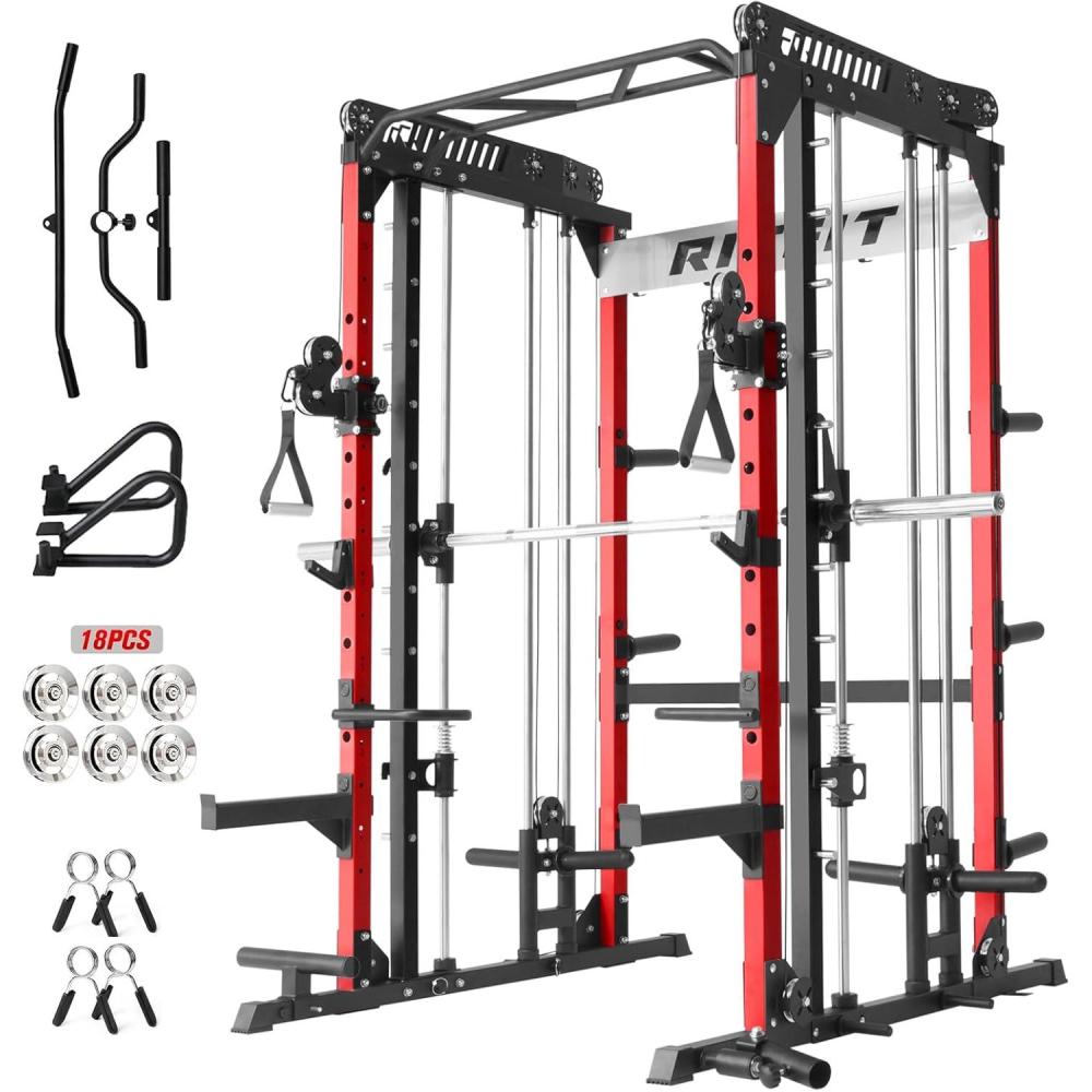 imageRitFit M1 Pro Smith Machine Package AllinOne Power Cage with Weight Stack Set Includes LAT Pulldown amp Cable Crossover System for Home GymeRed