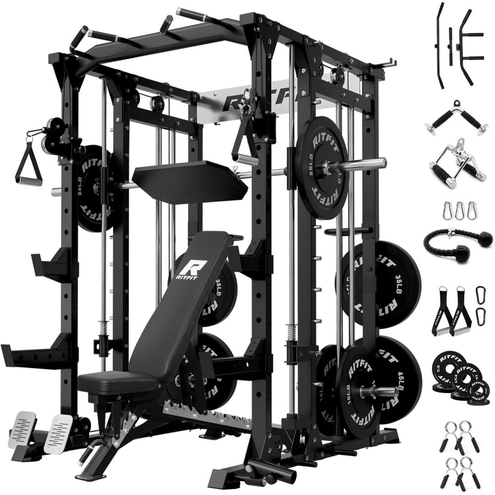 imageRitFit Smith Machine Power Cage with LAT Pulldown amp Cable Crossover AllinOne Power Rack Home Gym System with Leg Press Attachment amp AccessoriesBlack