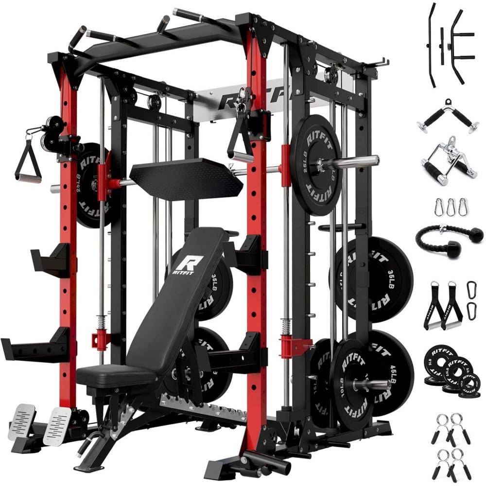 imageRitFit Smith Machine Power Cage with LAT Pulldown amp Cable Crossover AllinOne Power Rack Home Gym System with Leg Press Attachment amp AccessoriesRed