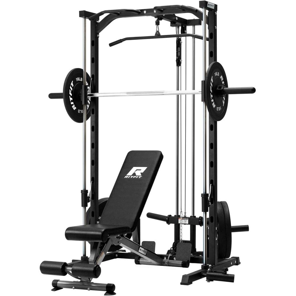 imageRitFit Smith Machine Power Rack with LATPull Down System Landmine Barbell Bar Plate Storage Pegs and More Training AttachmentPackage With Black BP 140LBS