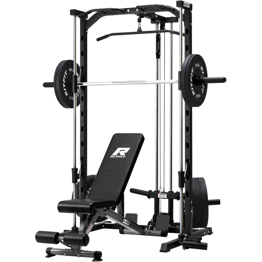 imageRitFit Smith Machine Power Rack with LATPull Down System Landmine Barbell Bar Plate Storage Pegs and More Training AttachmentPackage With Black BP 230LBS