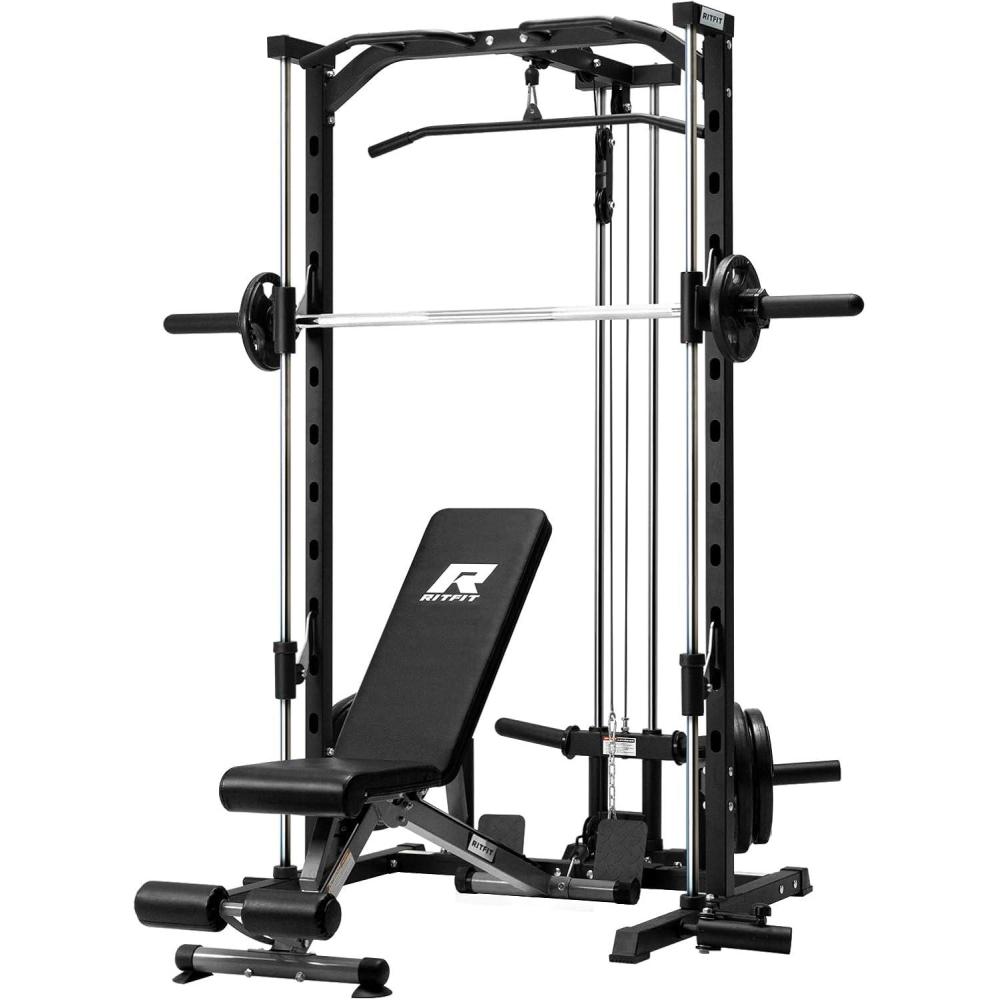 imageRitFit Smith Machine Power Rack with LATPull Down System Landmine Barbell Bar Plate Storage Pegs and More Training AttachmentPackage With RP 140LBS